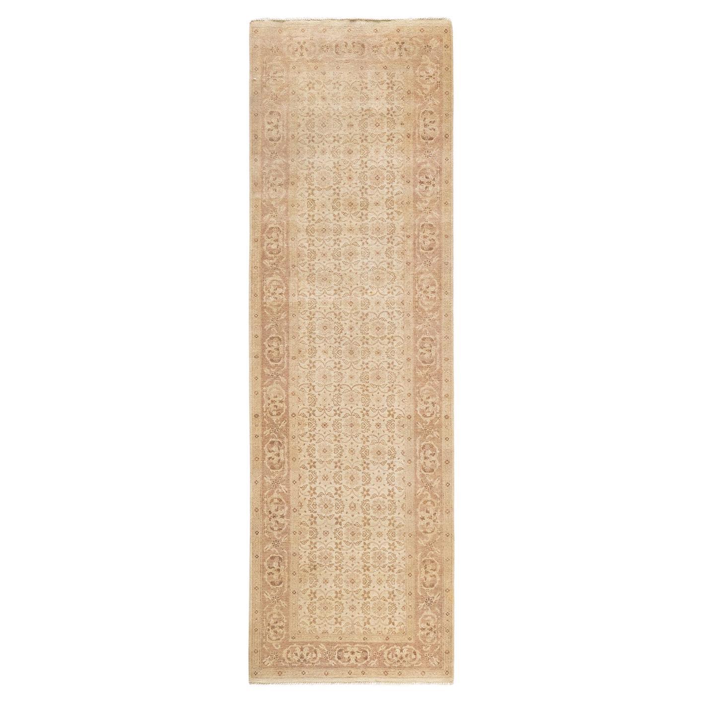 Traditional Mogul Hand Knotted Wool Ivory Runner  For Sale