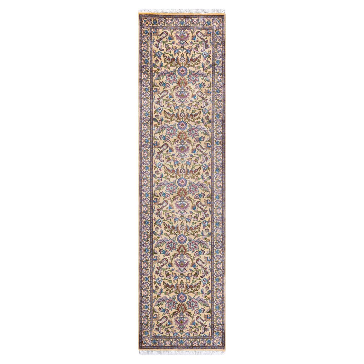 Traditional Mogul Hand Knotted Wool Ivory Runner For Sale