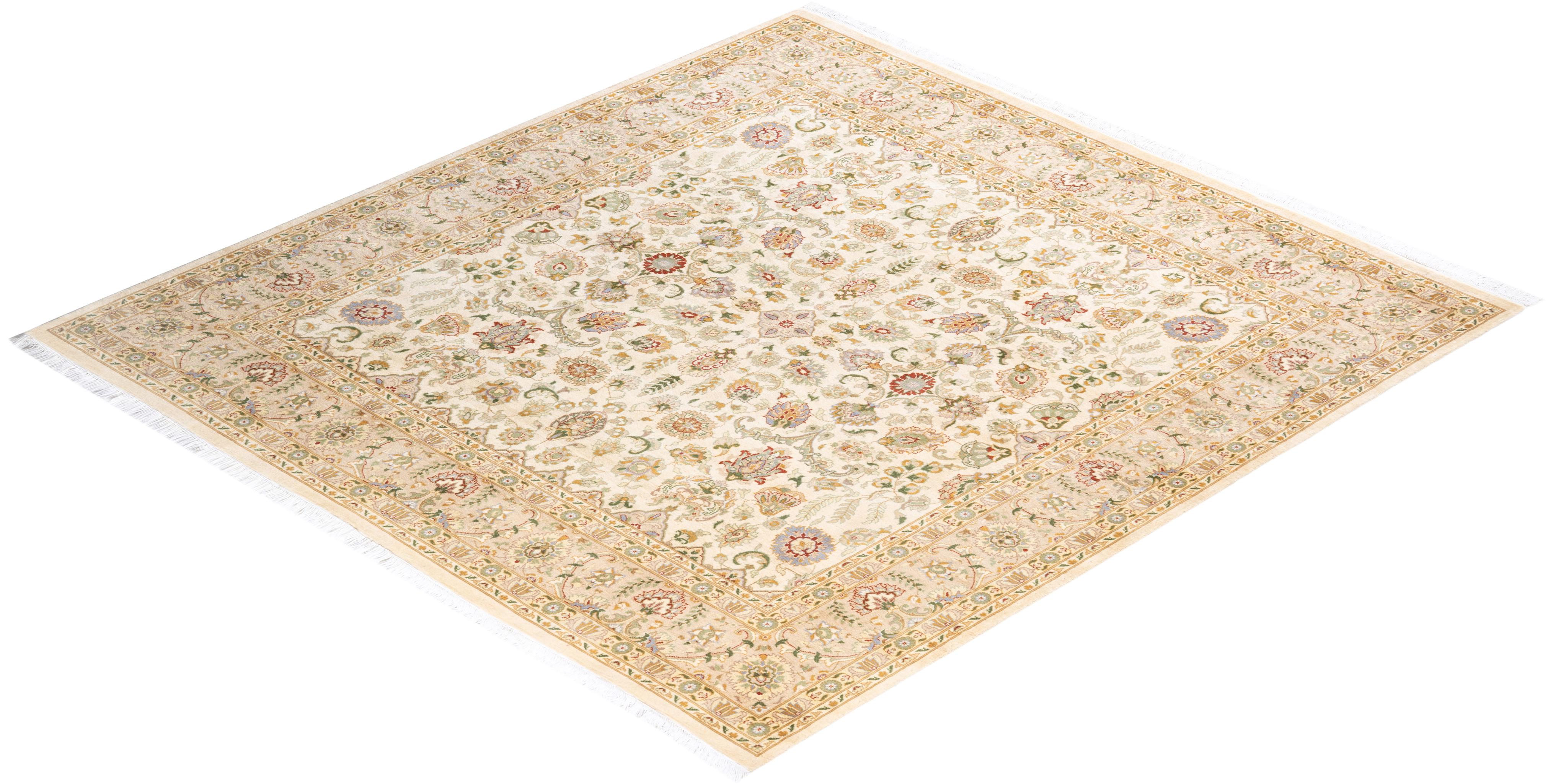 Traditional Mogul Hand Knotted Wool Ivory Square Area Rug For Sale 3
