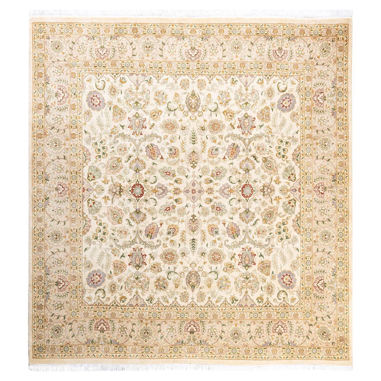 Traditional Mogul Hand Knotted Wool Ivory Square Area Rug For Sale