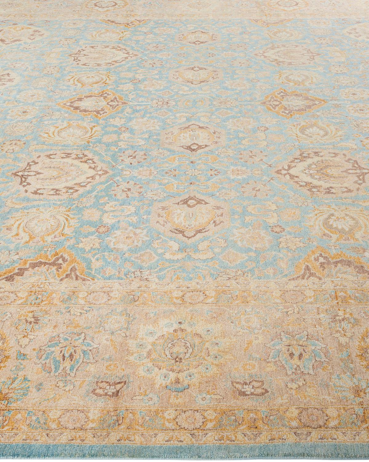 Traditional Mogul Hand Knotted Wool Light Blue Area Rug In New Condition For Sale In Norwalk, CT