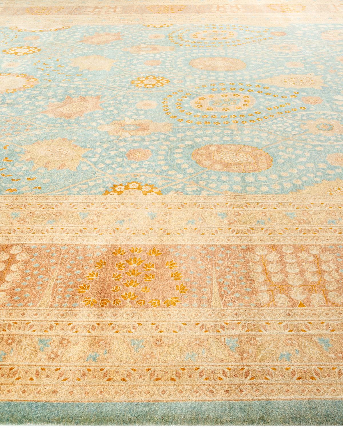 Traditional Mogul Hand Knotted Wool Light Blue Area Rug  In New Condition For Sale In Norwalk, CT