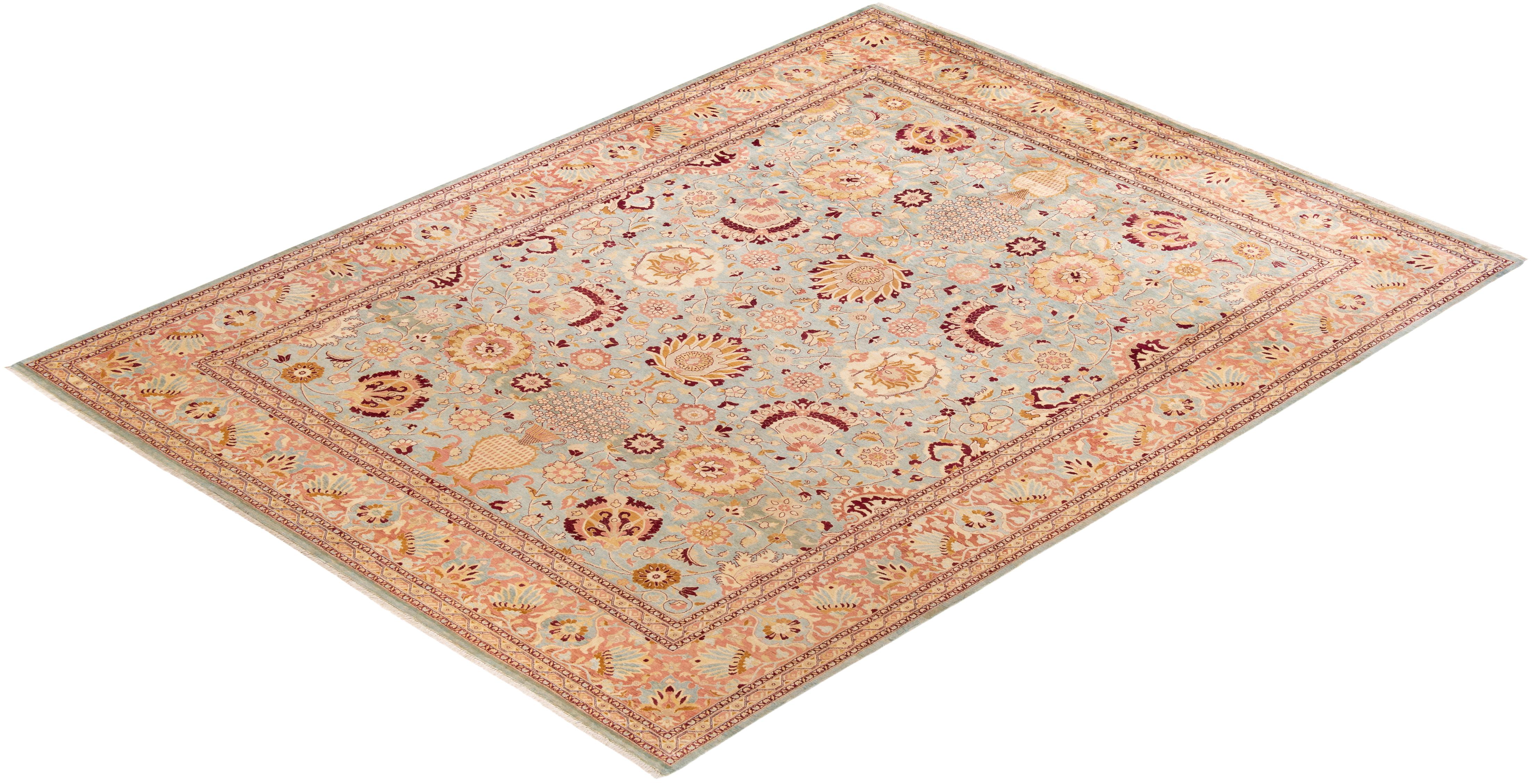 Traditional Mogul Hand Knotted Wool Light Blue Area Rug For Sale 3