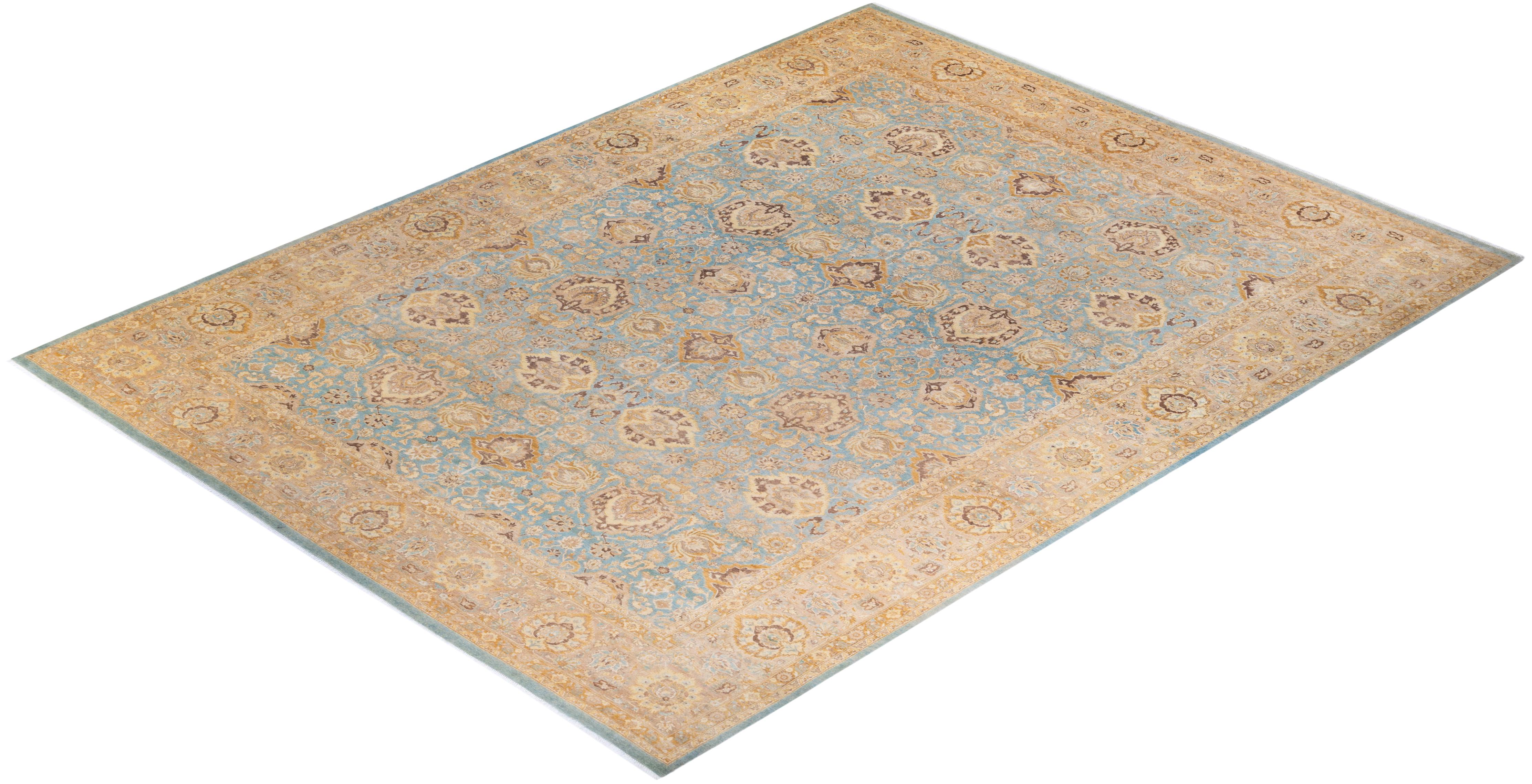Traditional Mogul Hand Knotted Wool Light Blue Area Rug For Sale 3