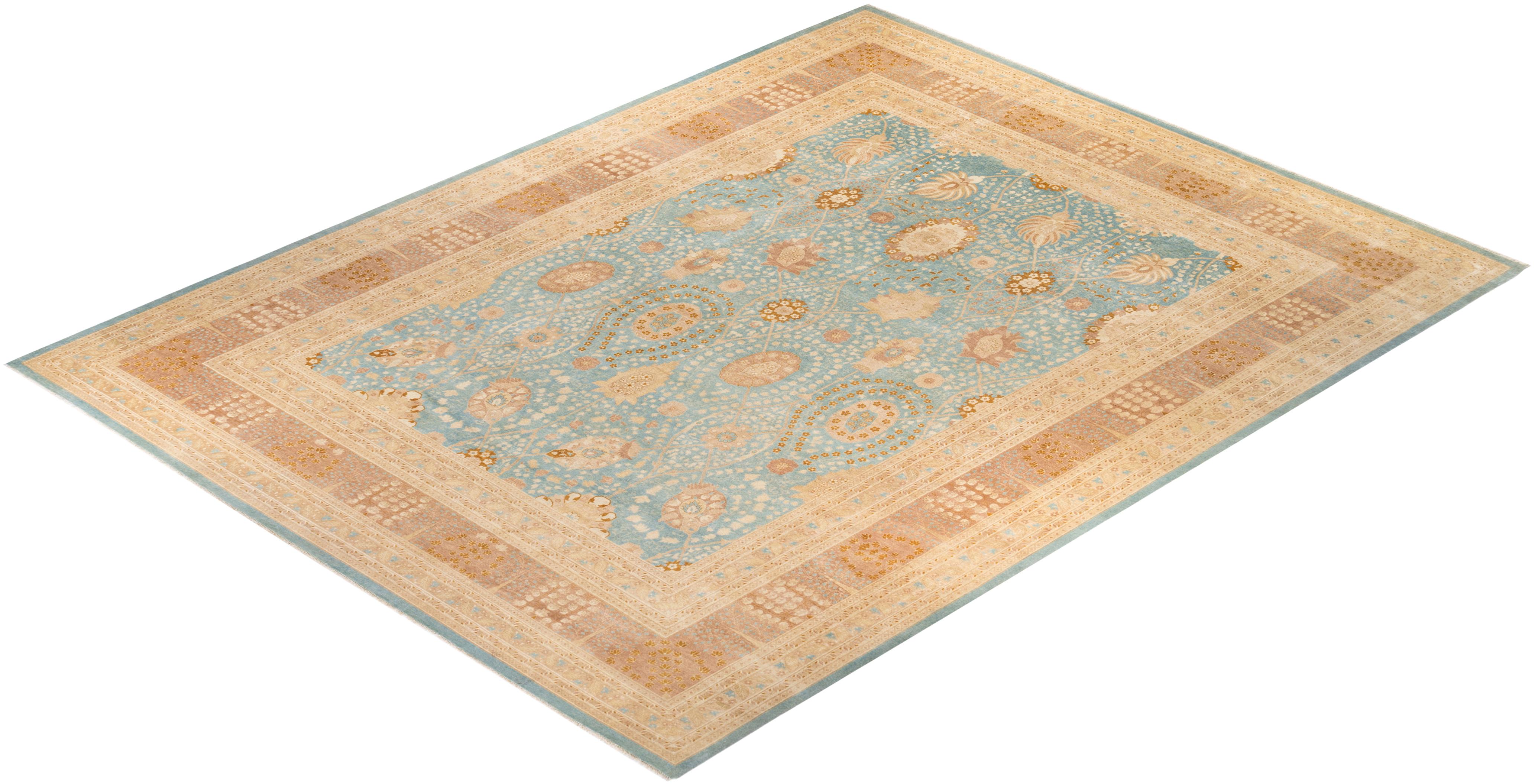 Traditional Mogul Hand Knotted Wool Light Blue Area Rug  For Sale 3