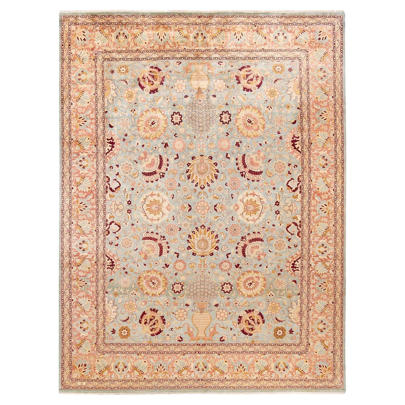 Traditional Mogul Hand Knotted Wool Light Blue Area Rug For Sale