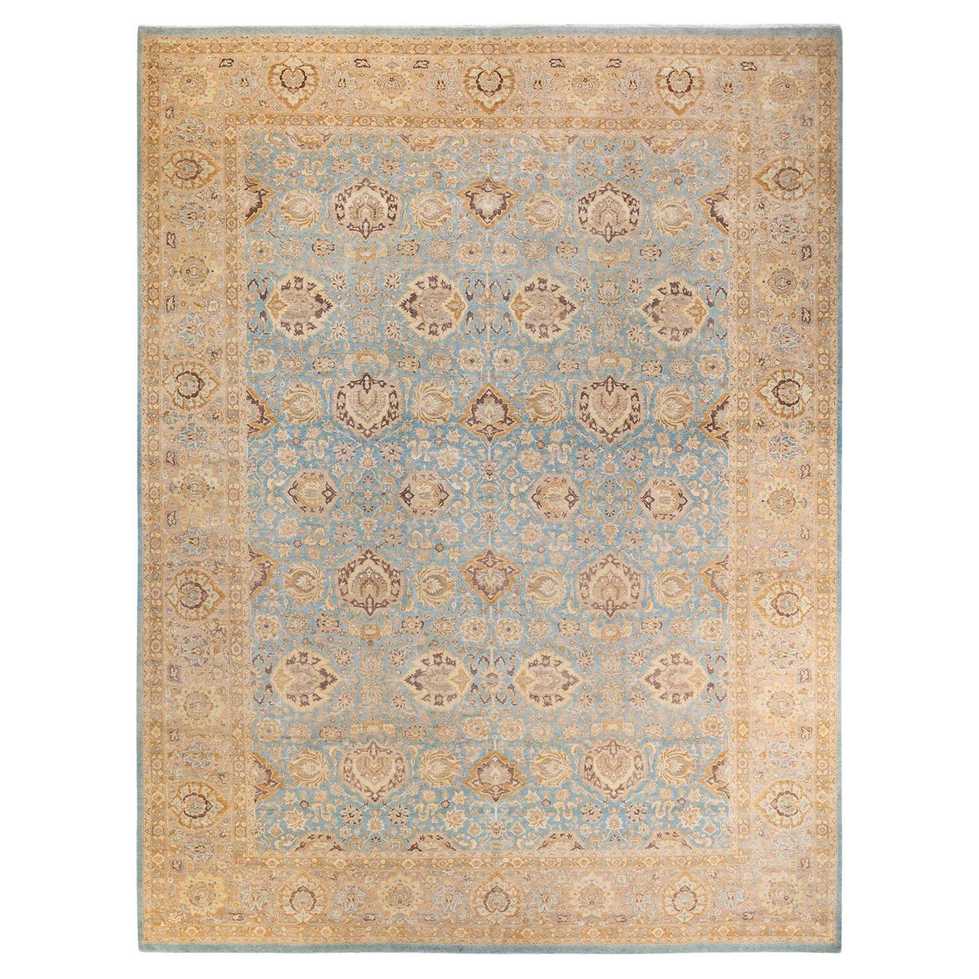Traditional Mogul Hand Knotted Wool Light Blue Area Rug For Sale