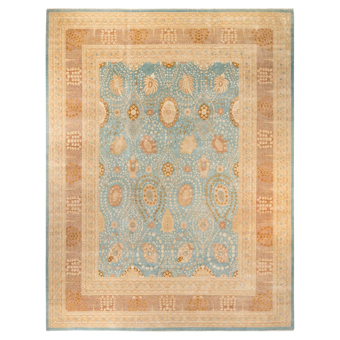 Traditional Mogul Hand Knotted Wool Light Blue Area Rug 