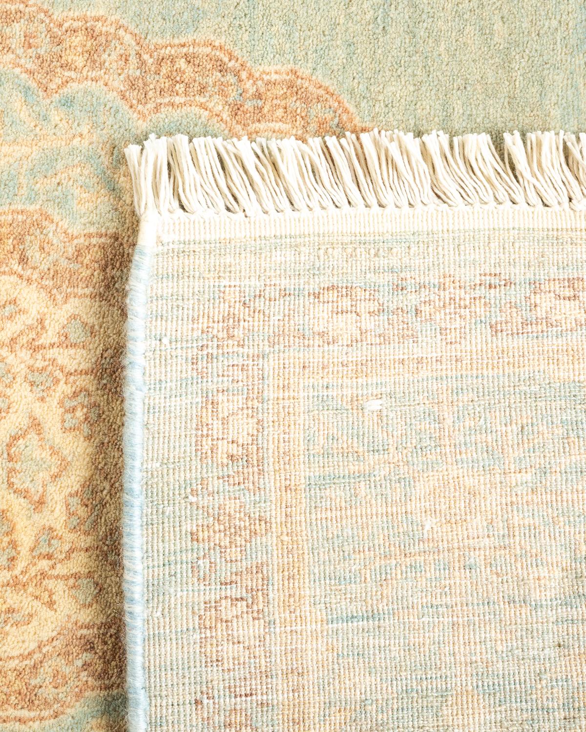 Contemporary Traditional Mogul Hand Knotted Wool Light Blue Runner  For Sale