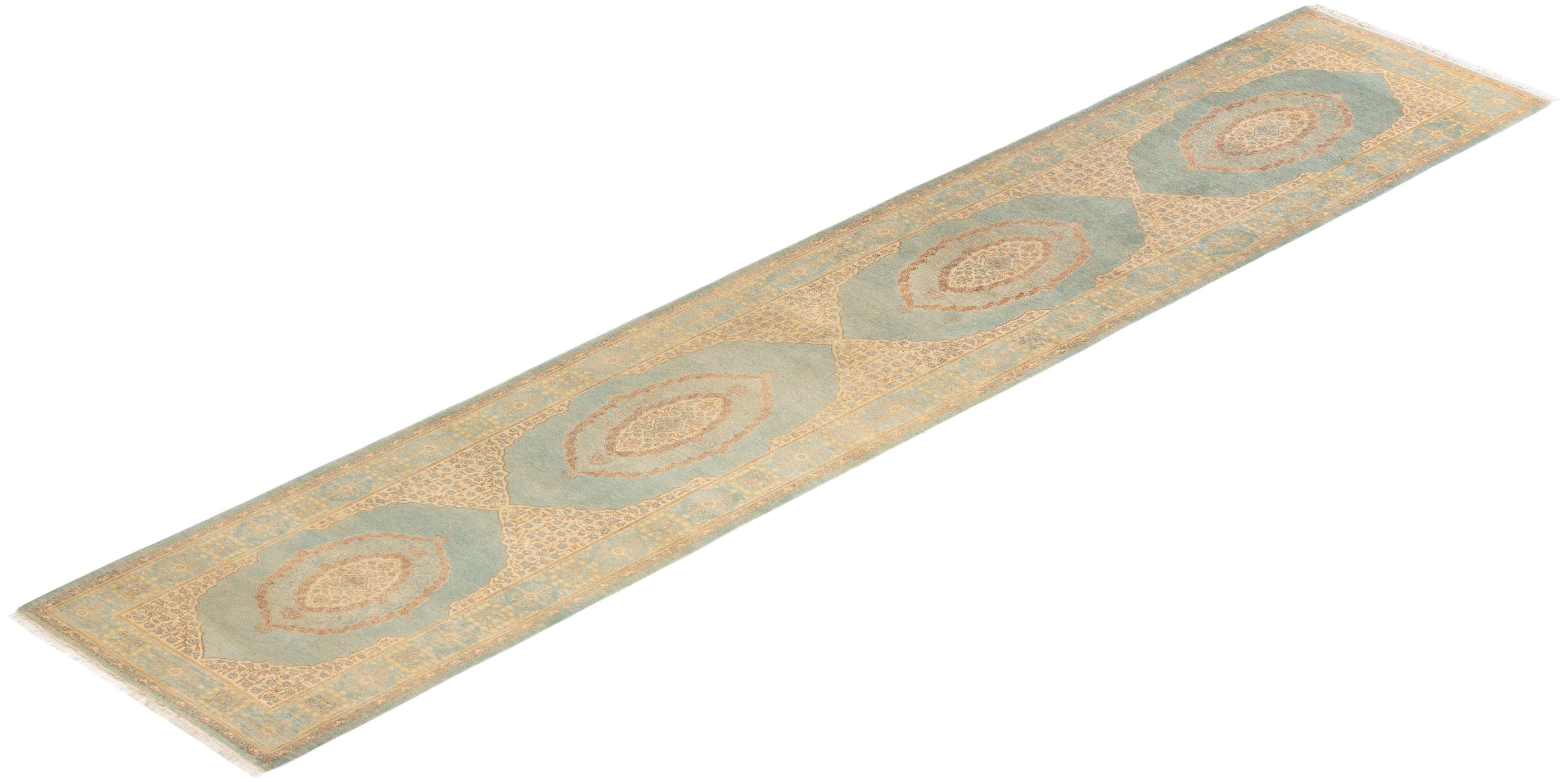 Traditional Mogul Hand Knotted Wool Light Blue Runner  For Sale 3