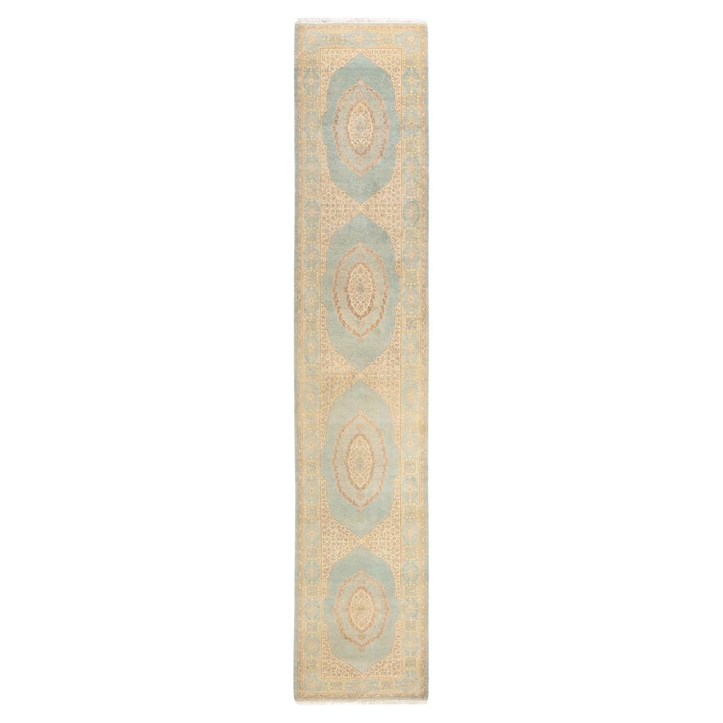 Traditional Mogul Hand Knotted Wool Light Blue Runner  For Sale