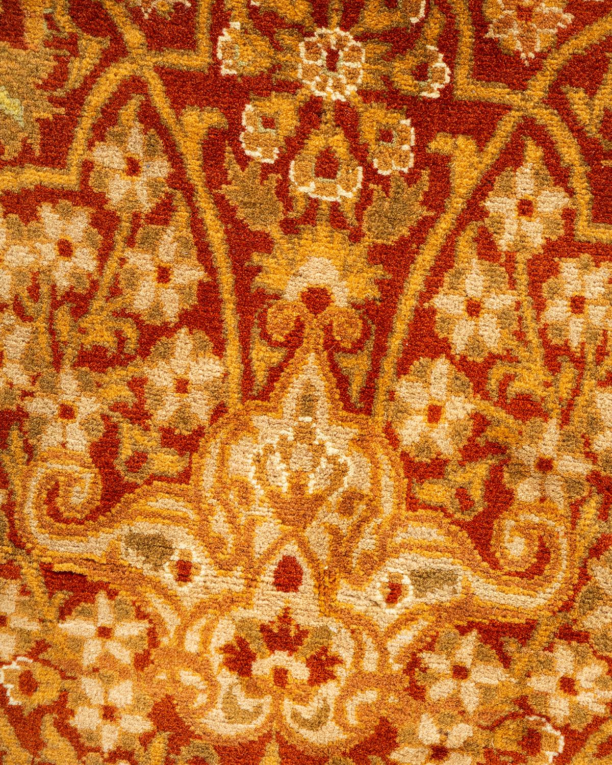 Pakistani Traditional Mogul Hand Knotted Wool Orange Area Rug For Sale