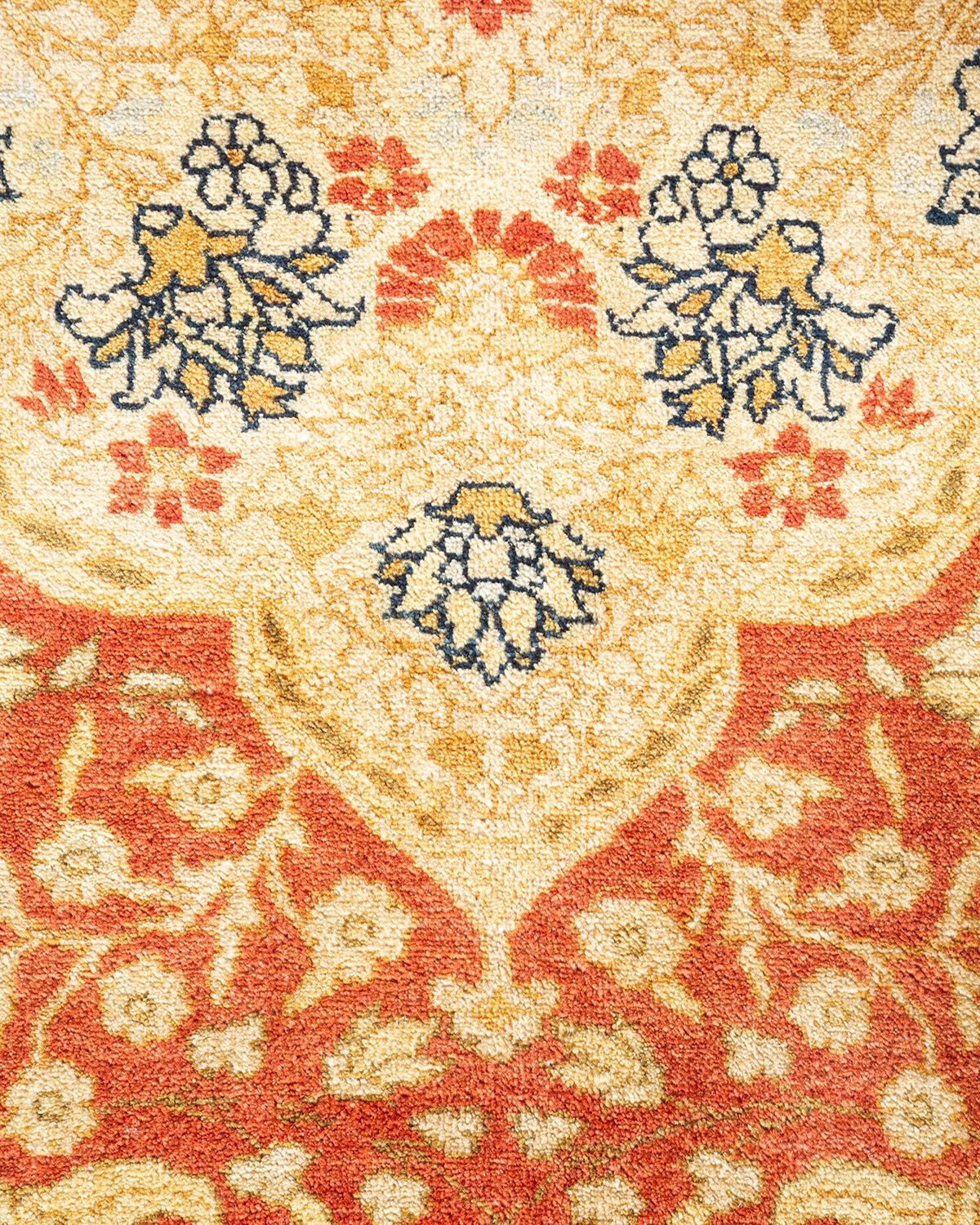 Pakistani Traditional Mogul Hand Knotted Wool Orange Area Rug For Sale