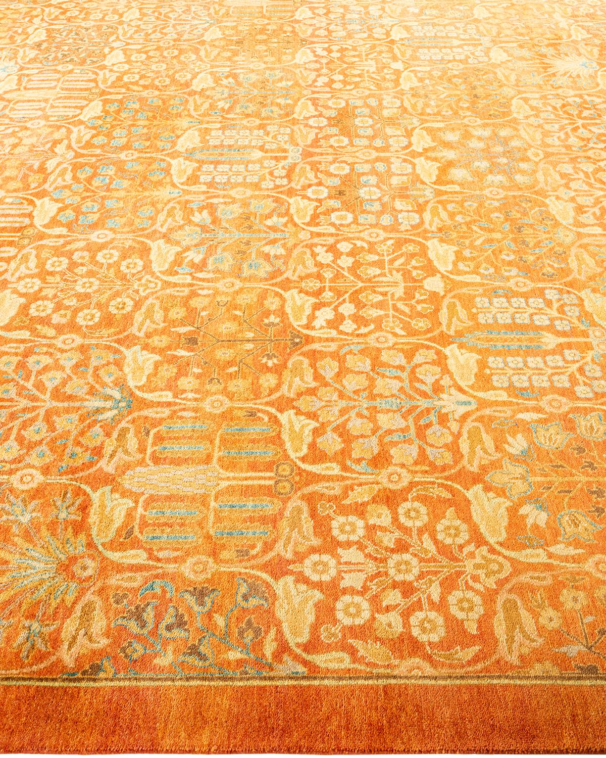 Traditional Mogul Hand Knotted Wool Orange Area Rug In New Condition For Sale In Norwalk, CT