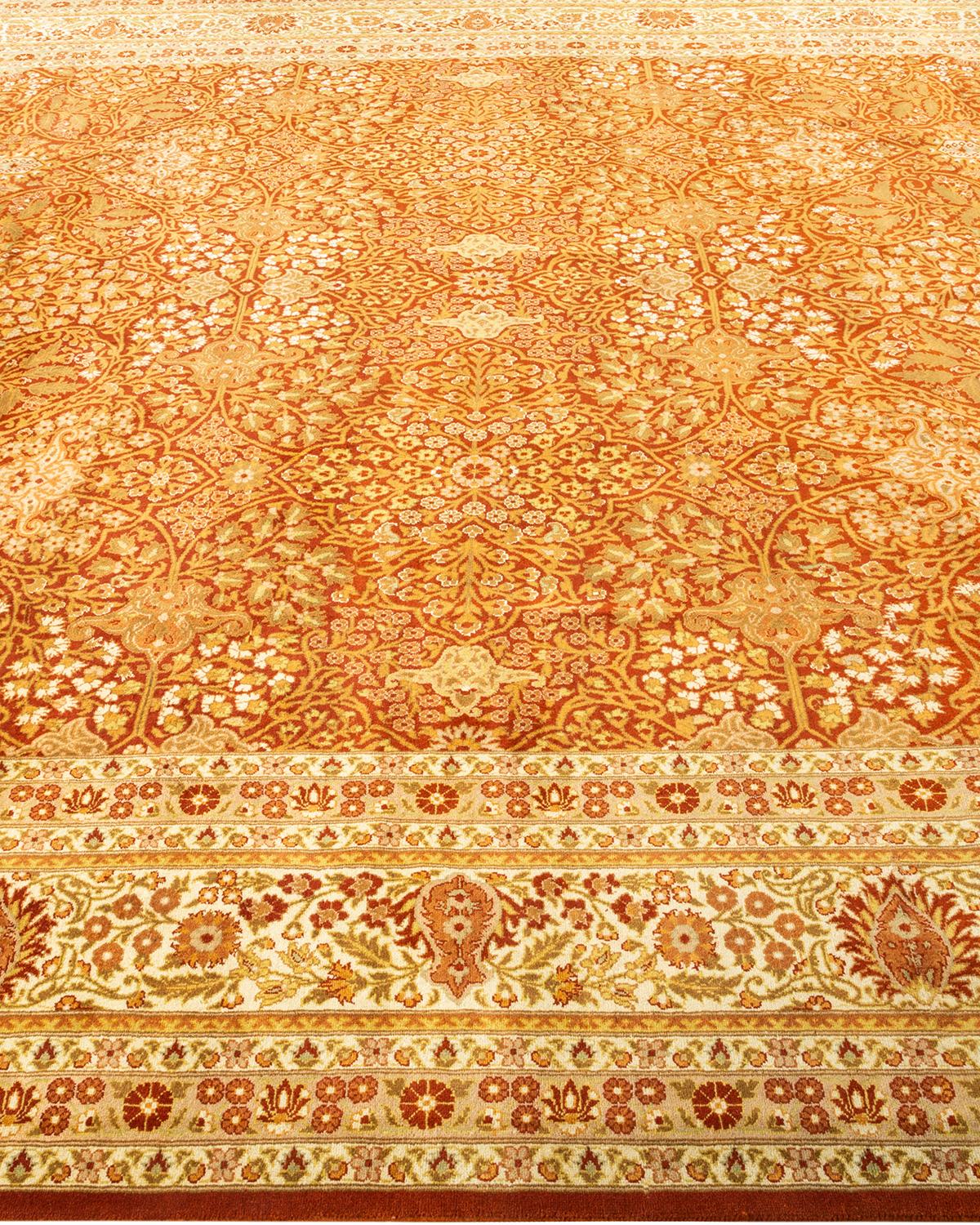 Traditional Mogul Hand Knotted Wool Orange Area Rug In New Condition For Sale In Norwalk, CT