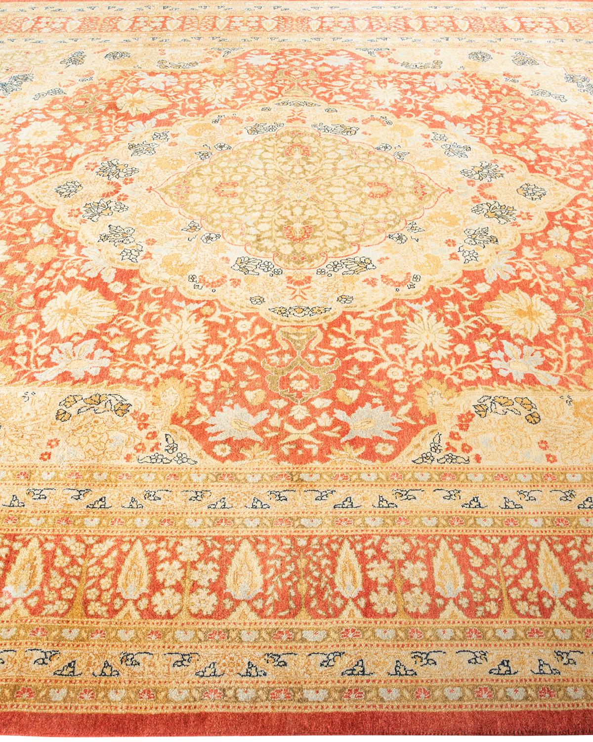 Traditional Mogul Hand Knotted Wool Orange Area Rug In New Condition For Sale In Norwalk, CT
