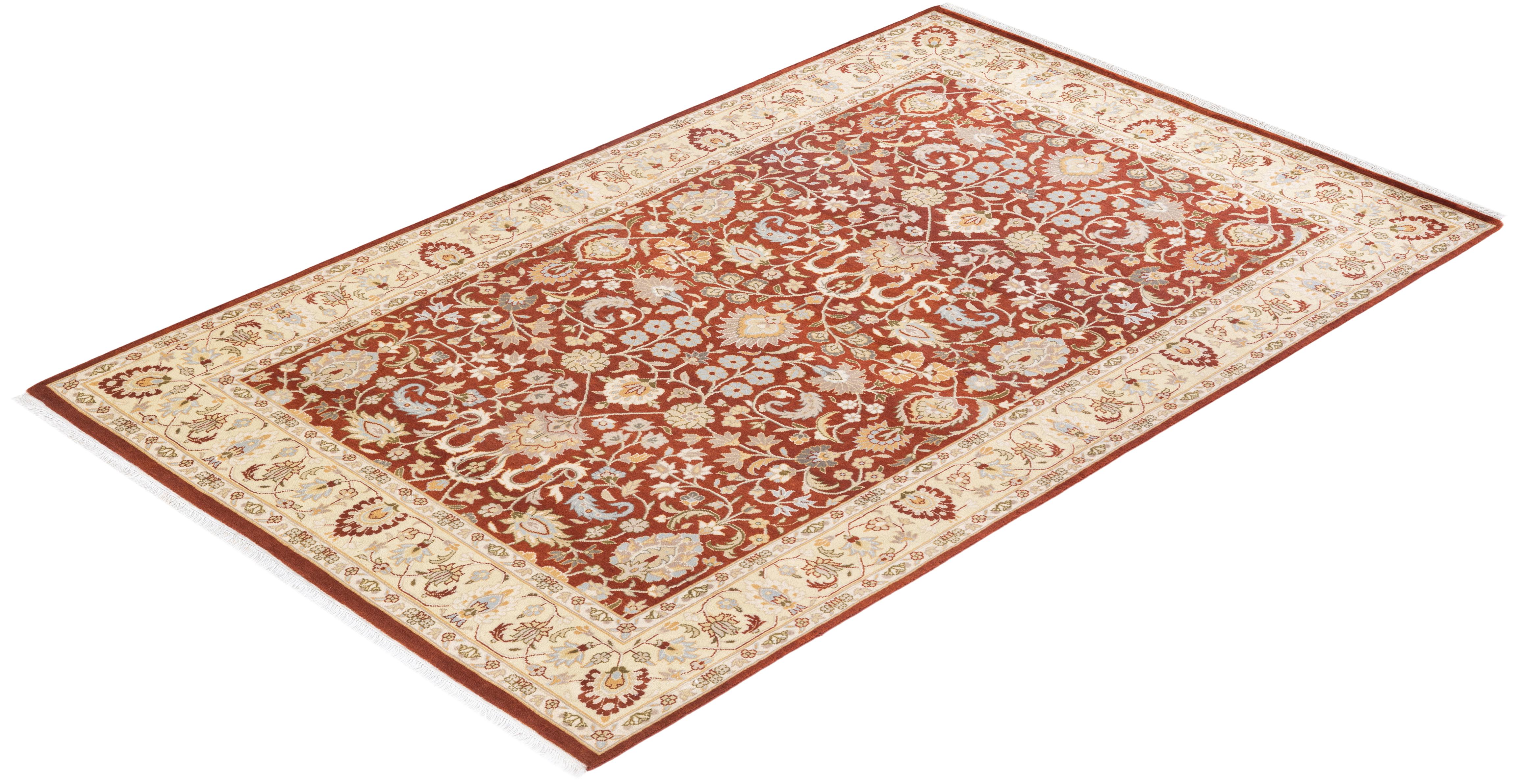 Traditional Mogul Hand Knotted Wool Orange Area Rug For Sale 3