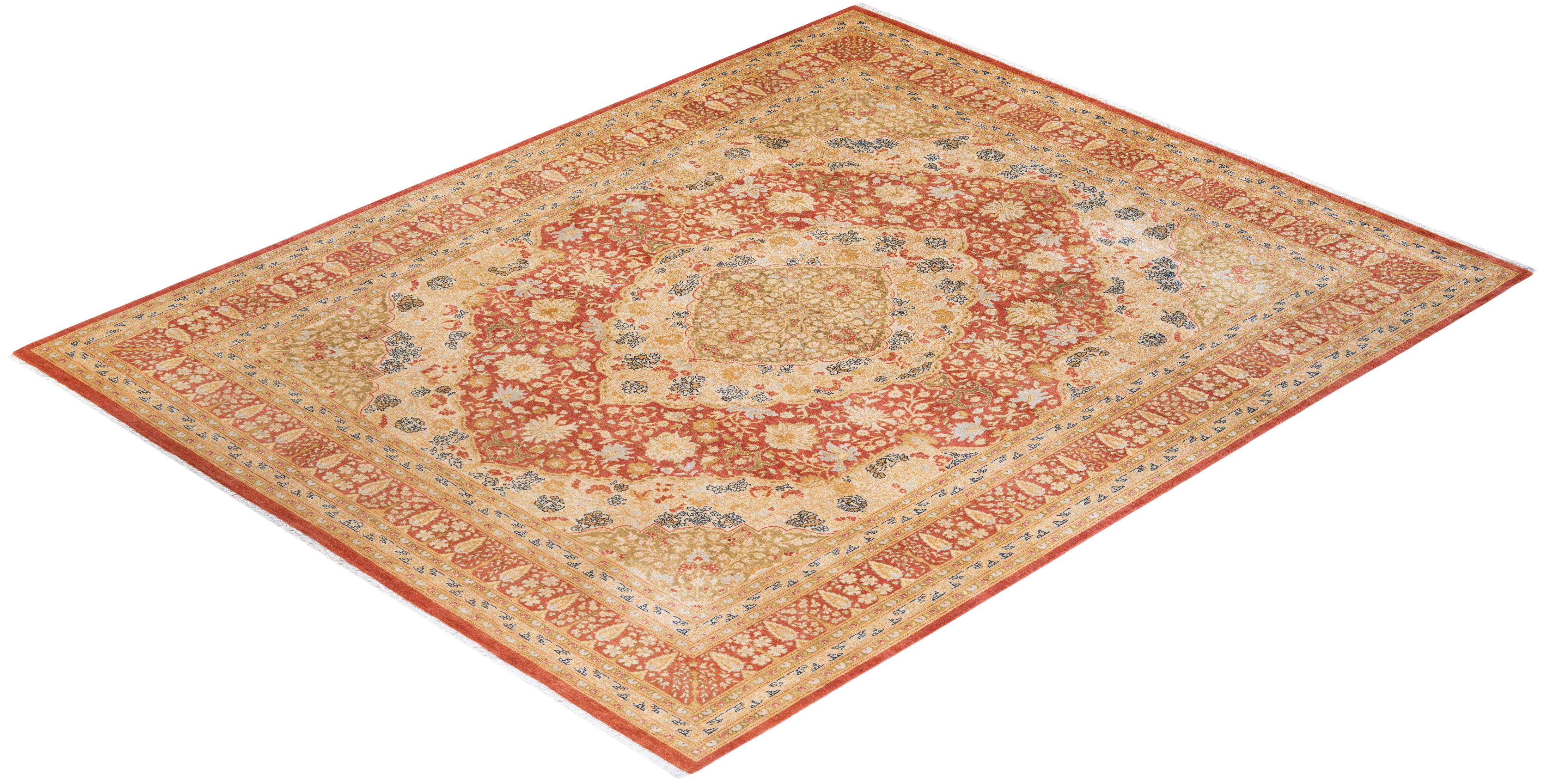 Traditional Mogul Hand Knotted Wool Orange Area Rug  For Sale 3