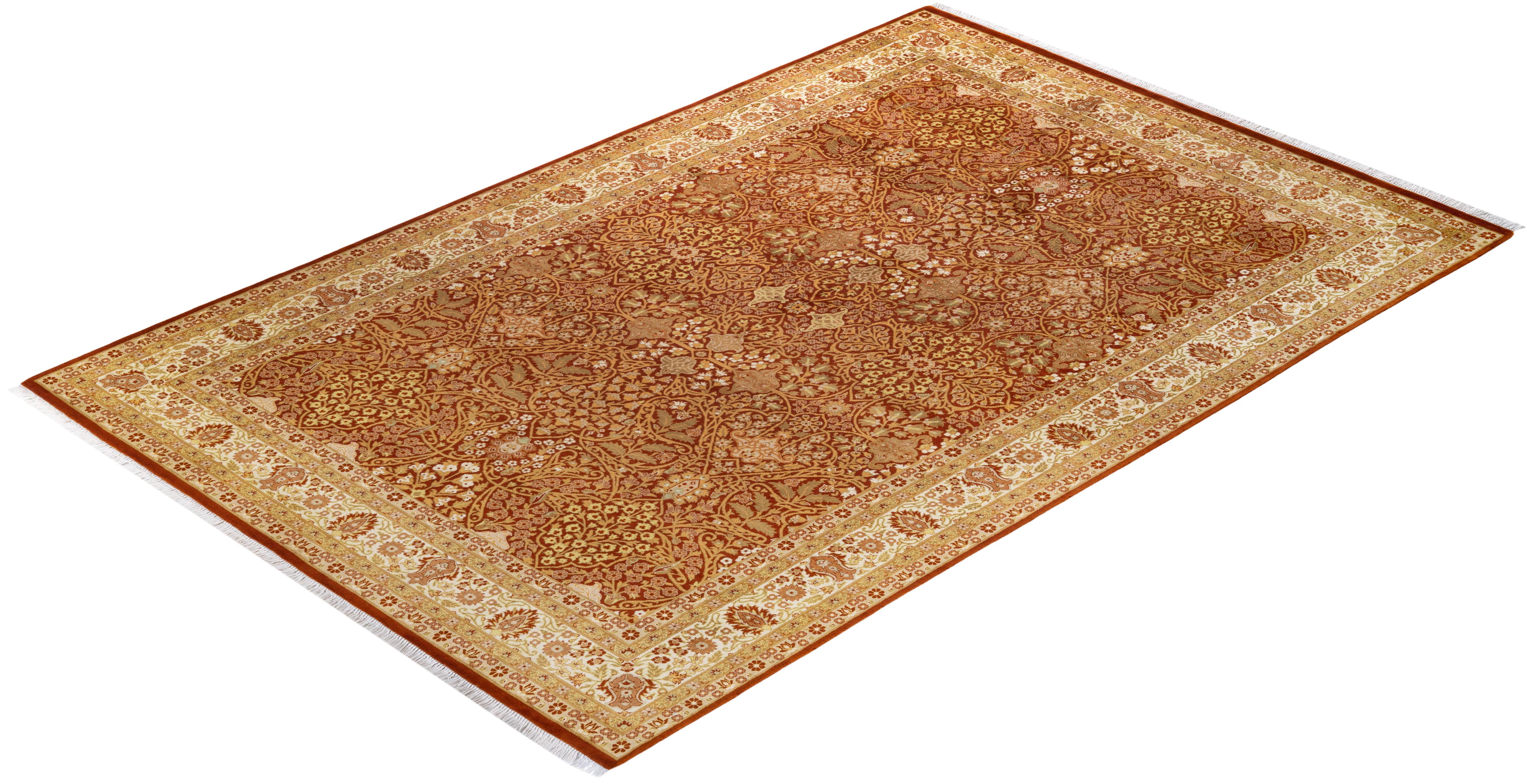 Traditional Mogul Hand Knotted Wool Orange Area Rug  For Sale 3