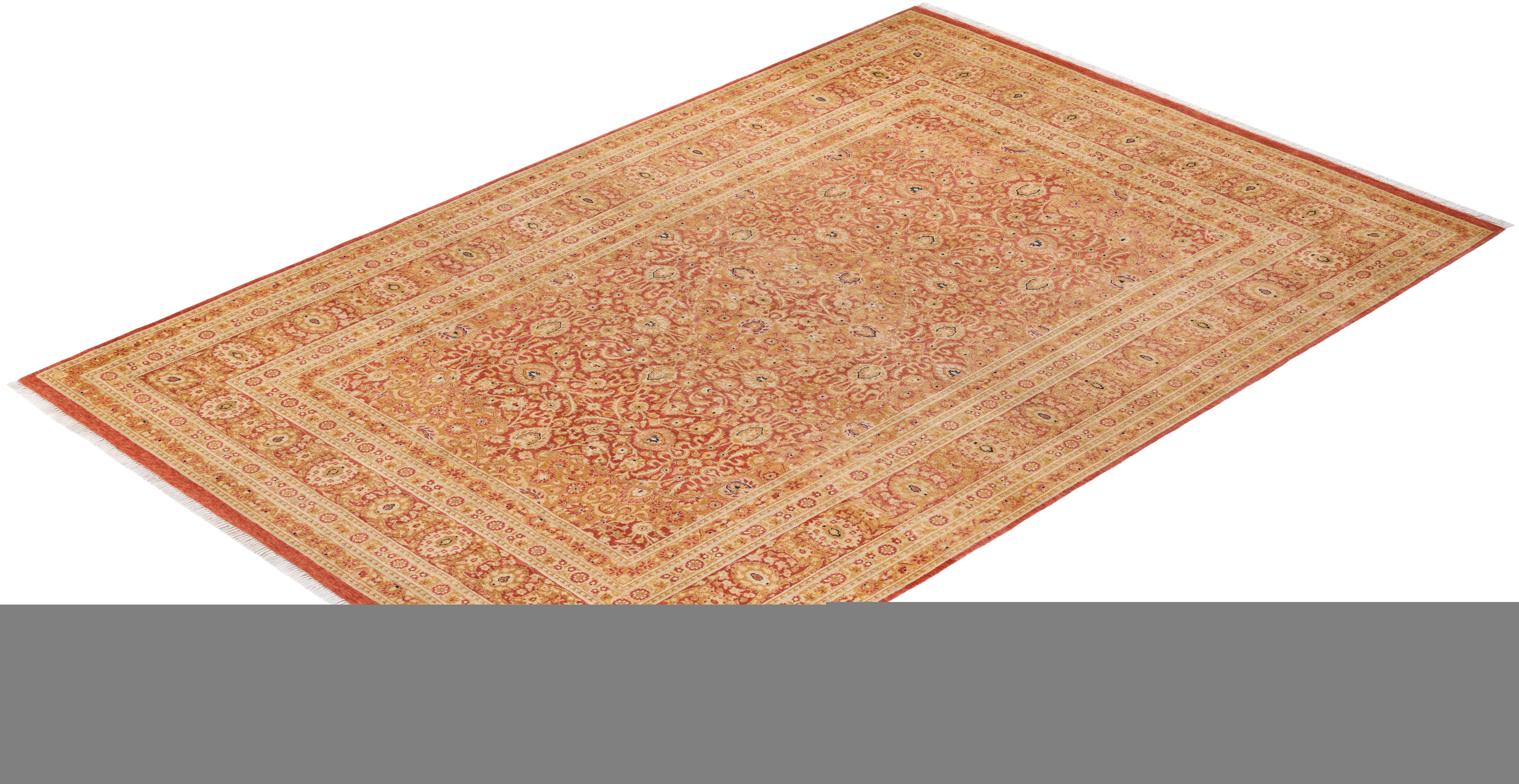 Traditional Mogul Hand Knotted Wool Orange Area Rug  For Sale 3