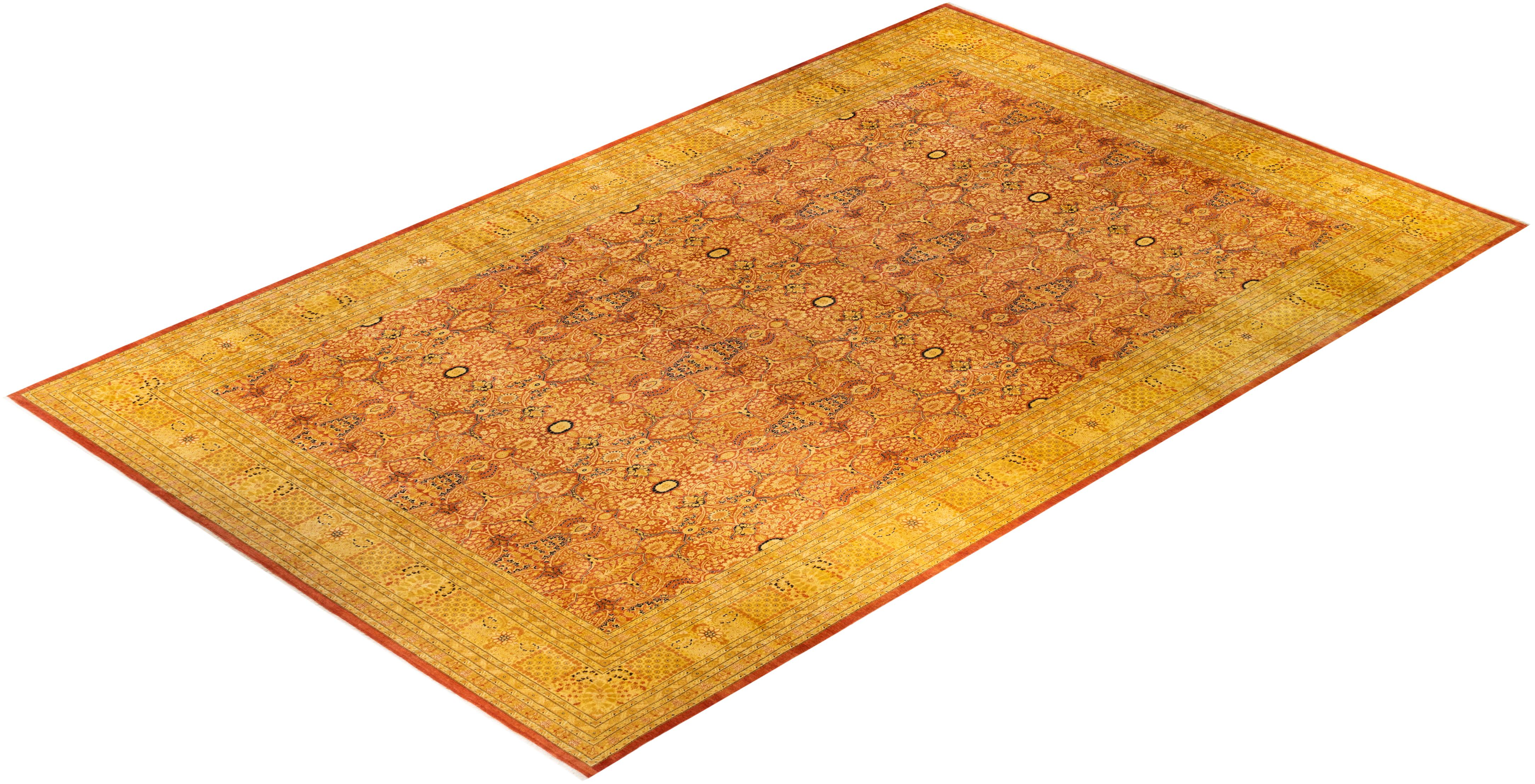 Traditional Mogul Hand Knotted Wool Orange Area Rug For Sale 3