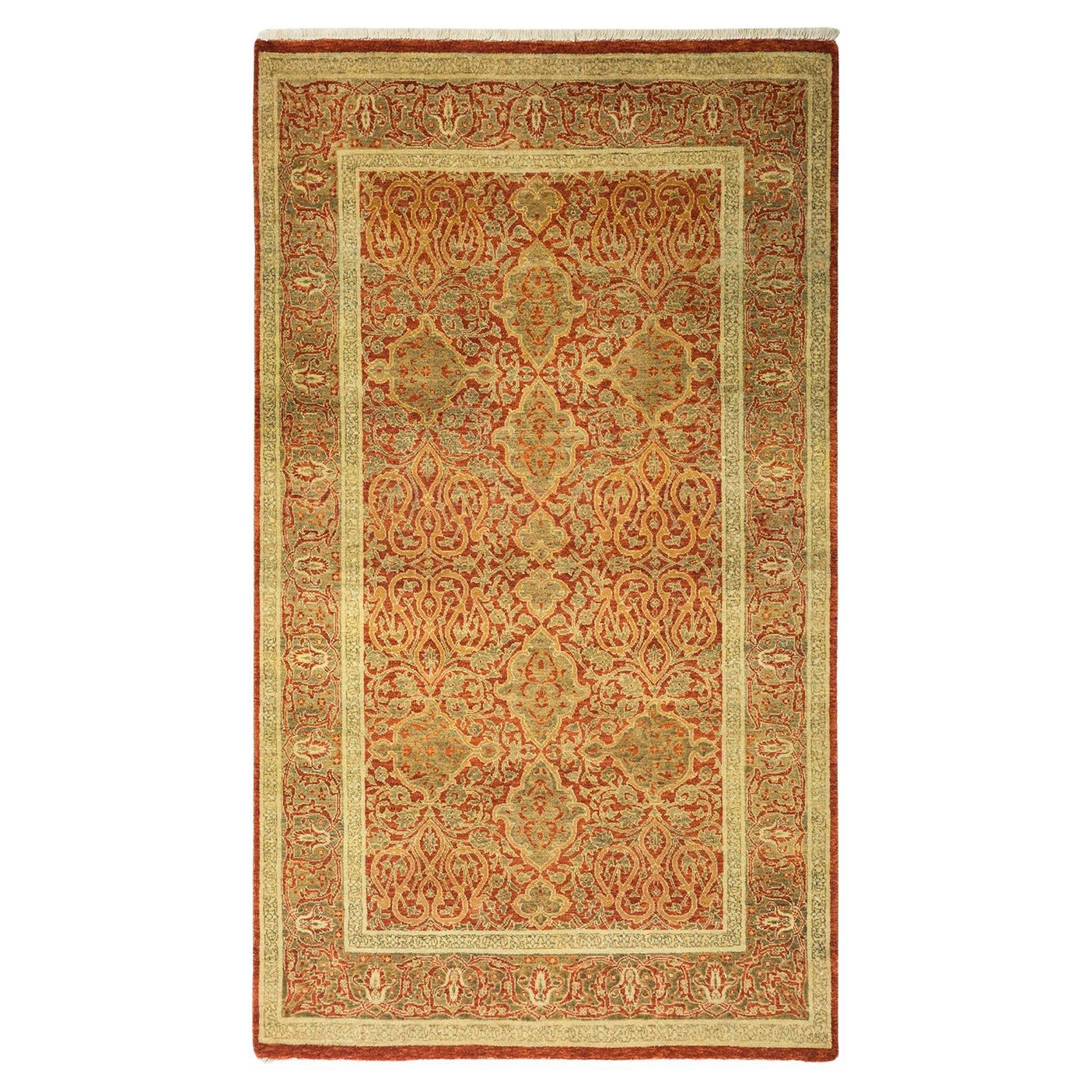 Traditioneller handgeknüpfter Mogul-Teppich aus orangefarbener Wolle 