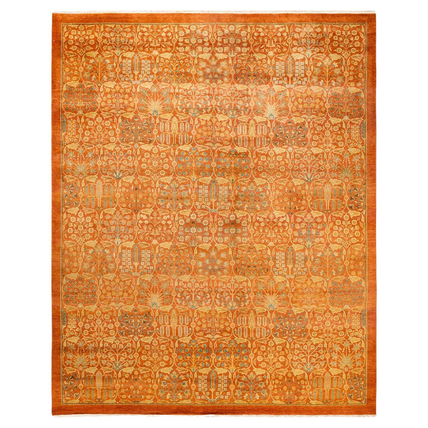 Traditional Mogul Hand Knotted Wool Orange Area Rug For Sale