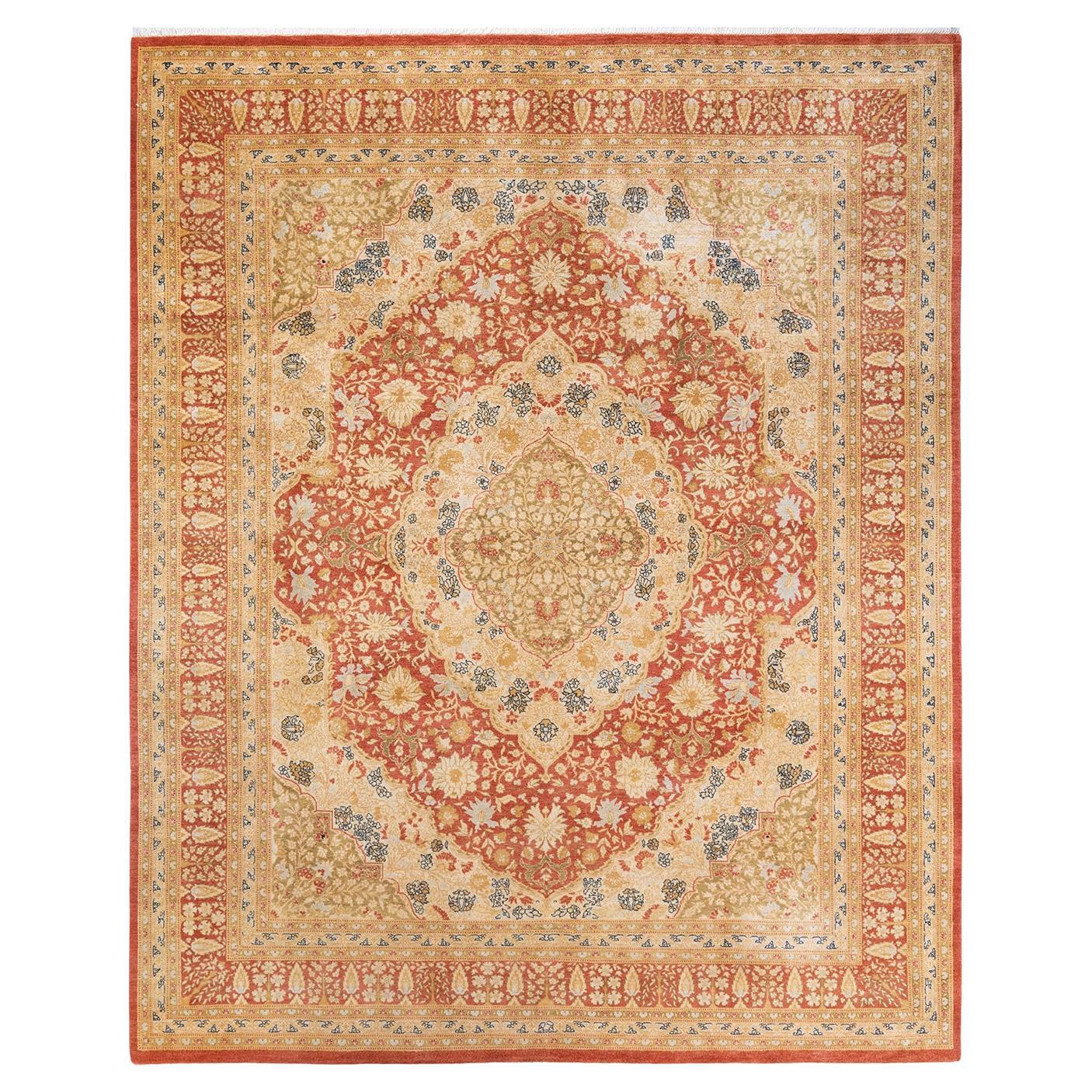 Traditional Mogul Hand Knotted Wool Orange Area Rug For Sale