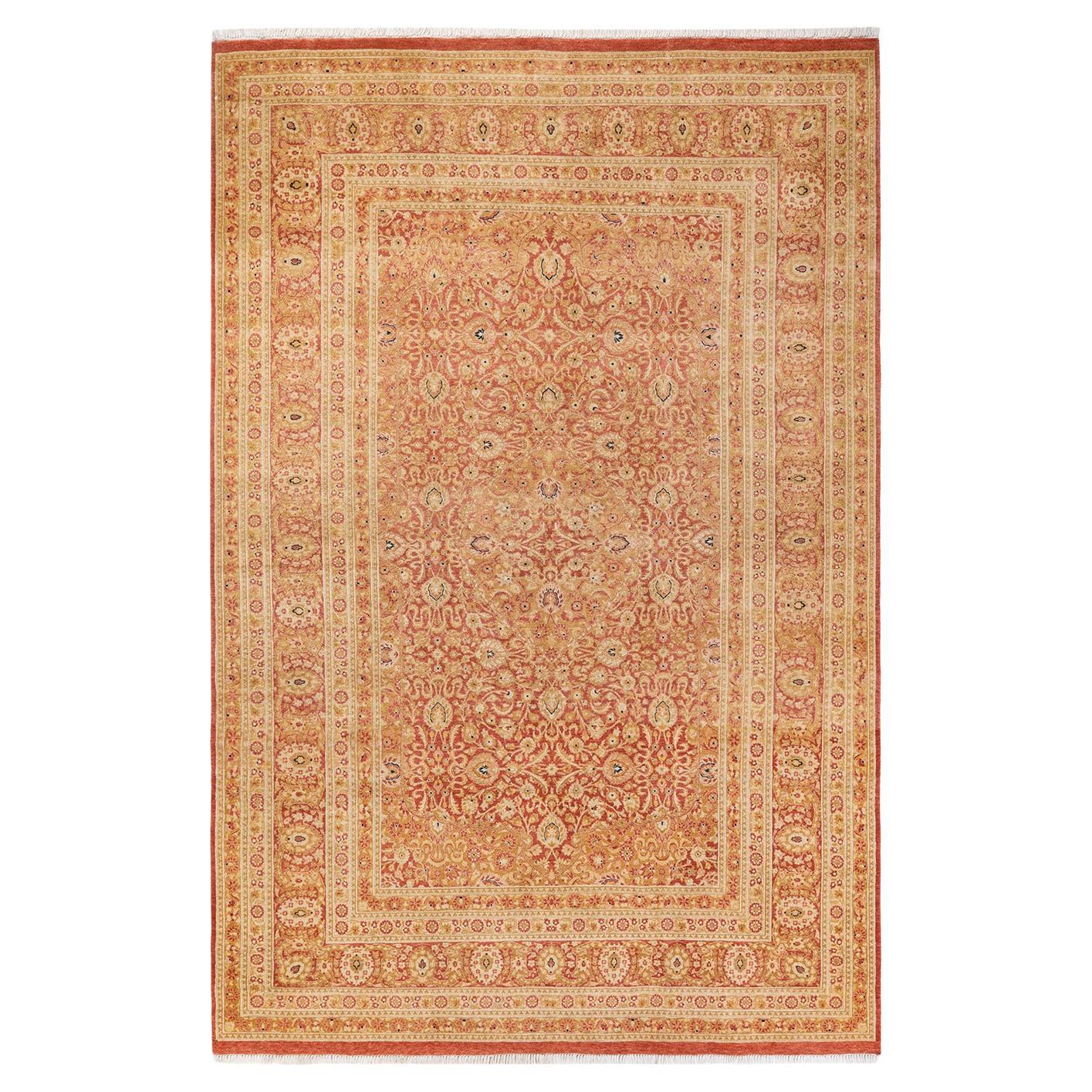 Traditional Mogul Hand Knotted Wool Orange Area Rug  For Sale