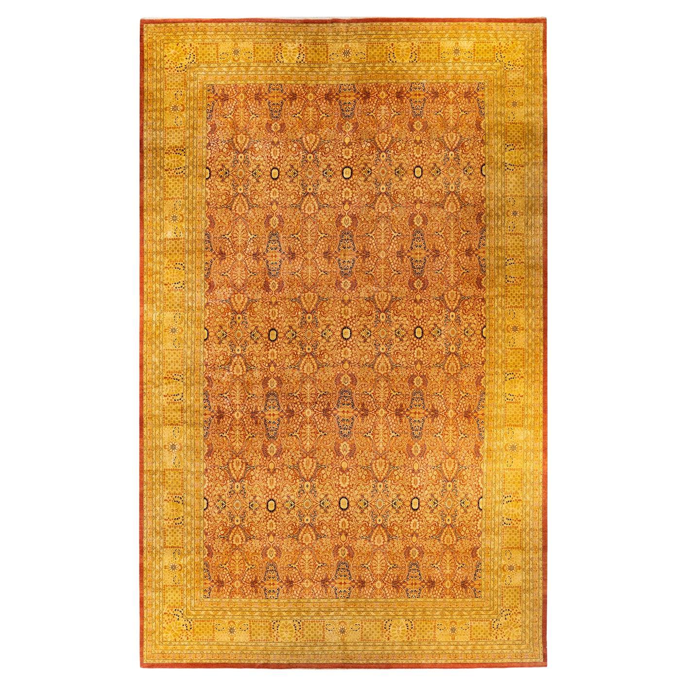 Traditional Mogul Hand Knotted Wool Orange Area Rug For Sale