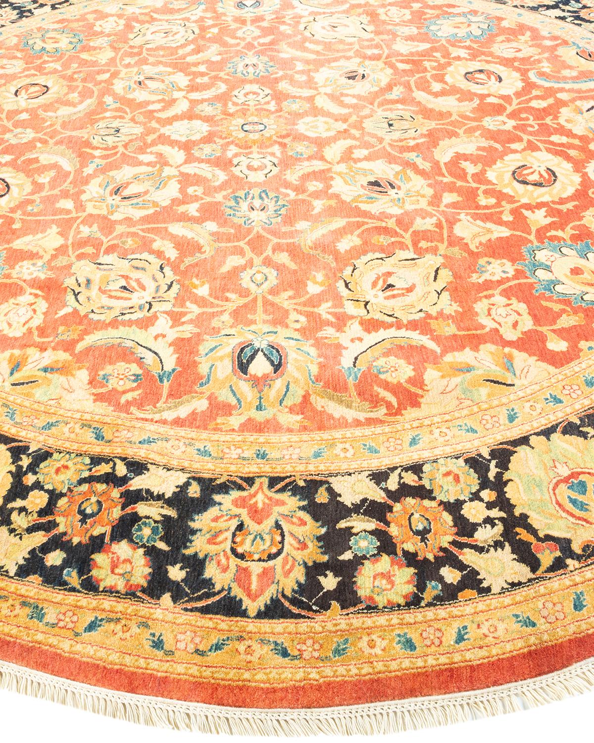 Traditional Mogul Hand Knotted Wool Orange Round Area Rug In New Condition For Sale In Norwalk, CT