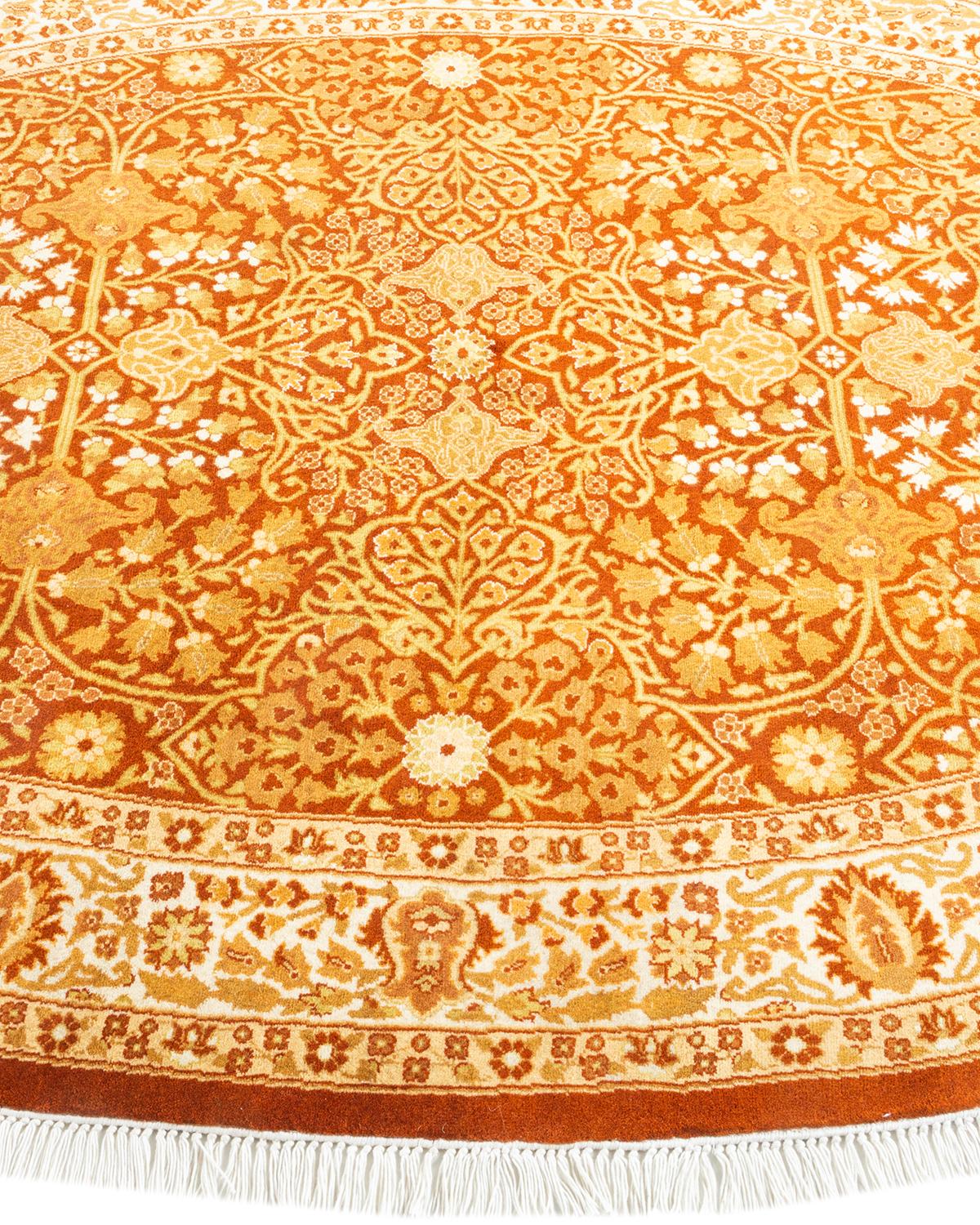 Traditional Mogul Hand Knotted Wool Orange Round Area Rug In New Condition For Sale In Norwalk, CT