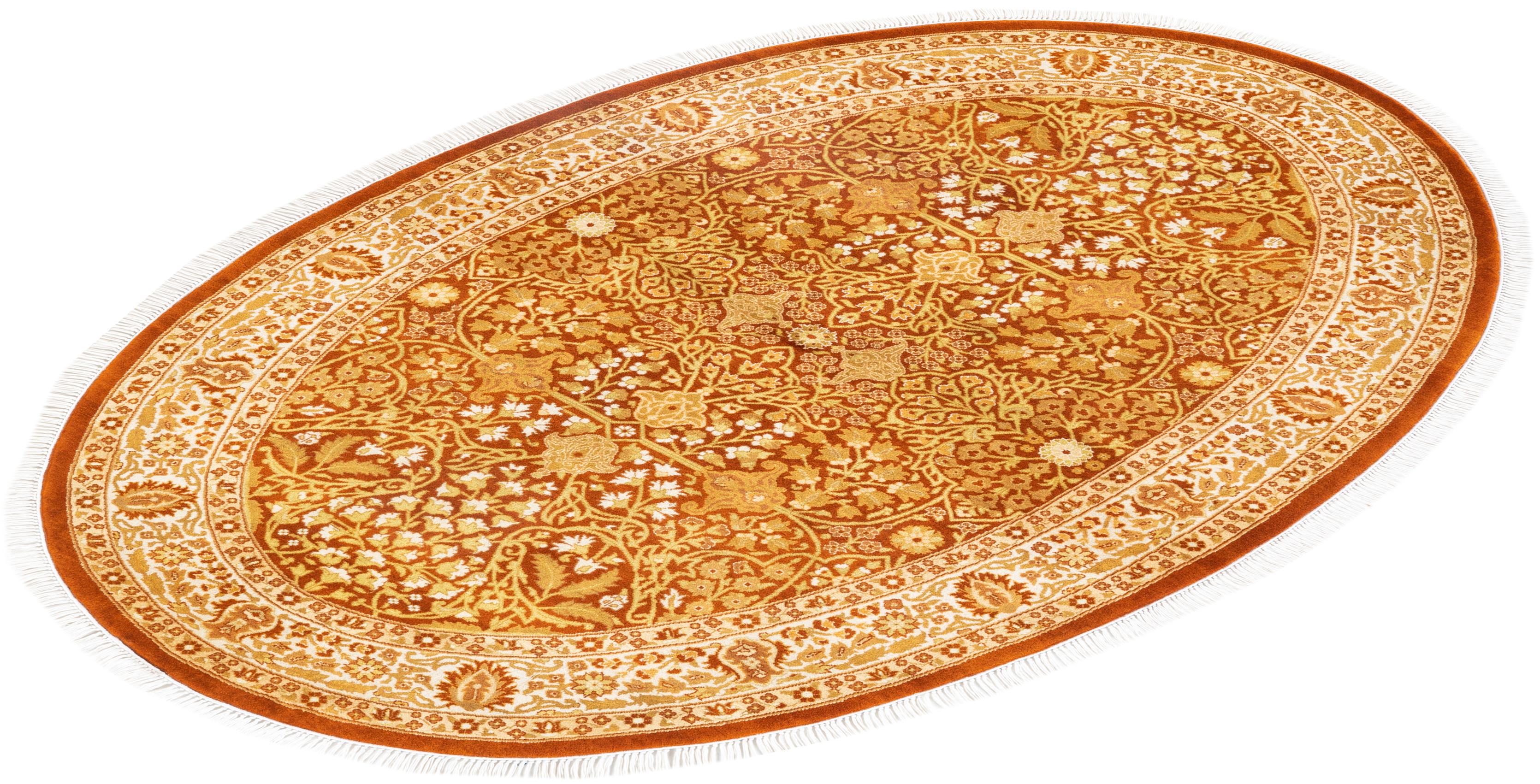 Traditional Mogul Hand Knotted Wool Orange Round Area Rug For Sale 3
