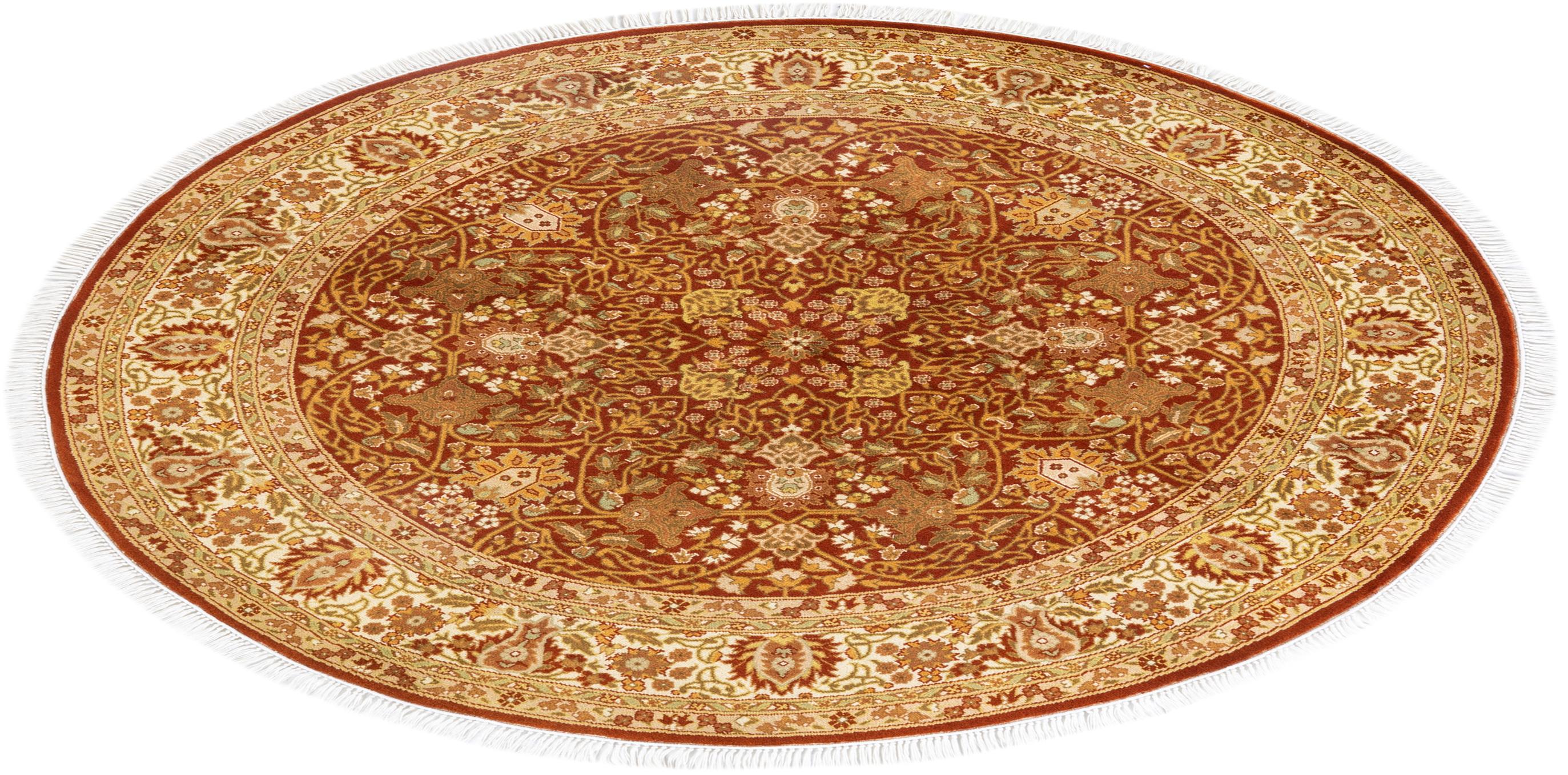 Traditional Mogul Hand Knotted Wool Orange Round Area Rug For Sale 3