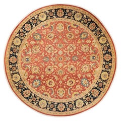 Traditional Mogul Hand Knotted Wool Orange Round Area Rug