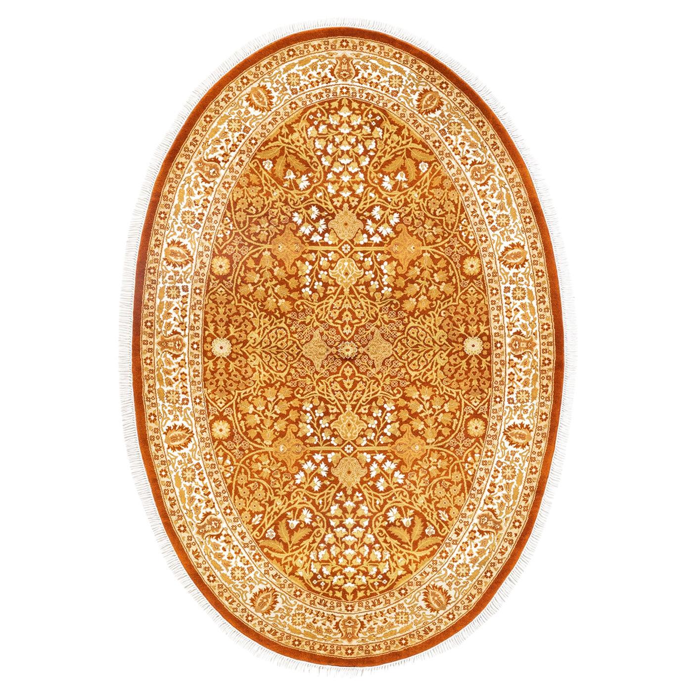 Traditional Mogul Hand Knotted Wool Orange Round Area Rug