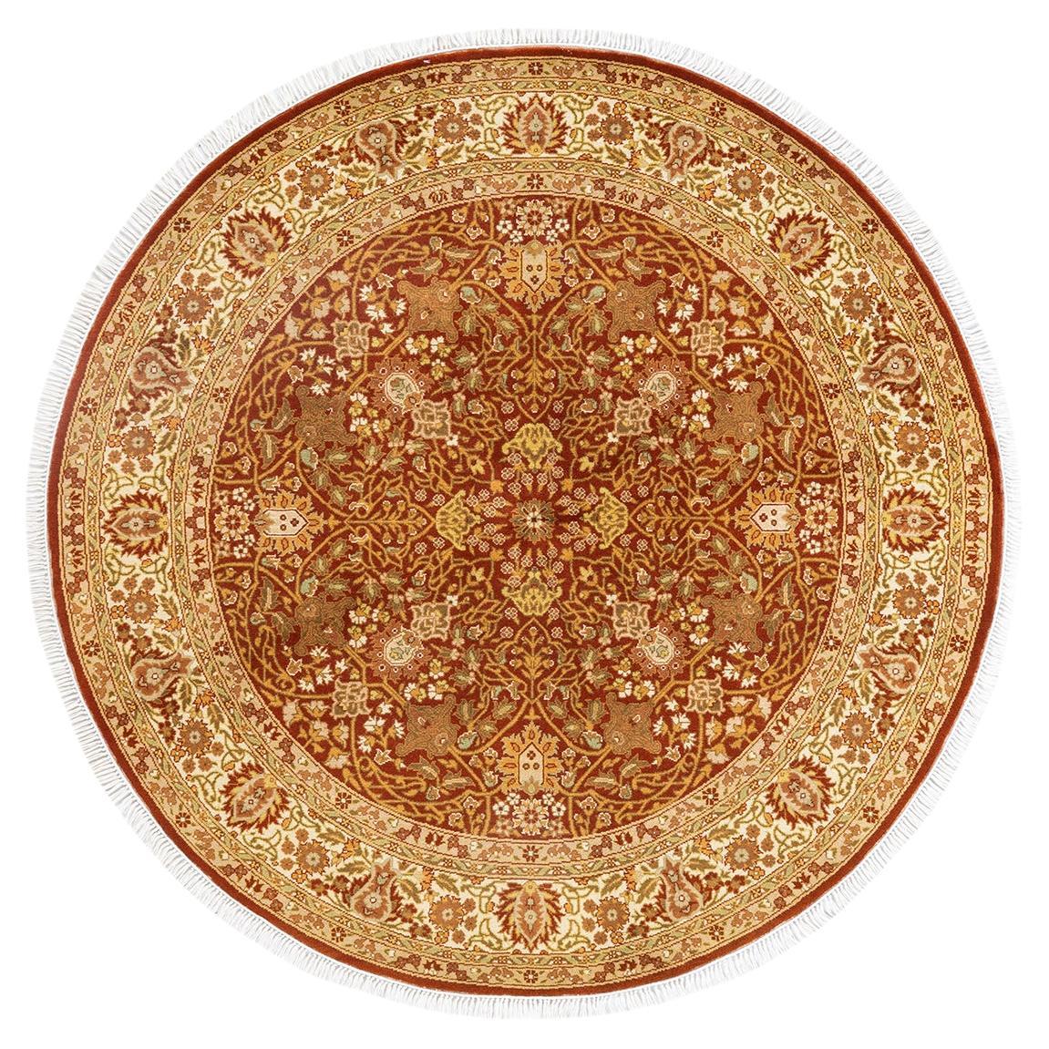 Traditional Mogul Hand Knotted Wool Orange Round Area Rug For Sale