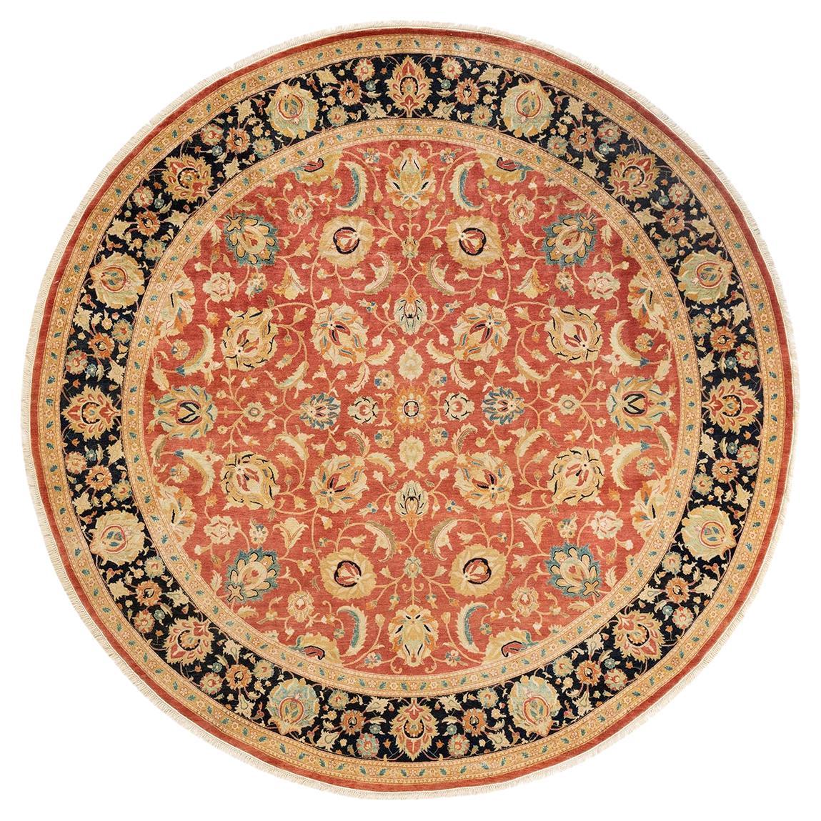 Traditional Mogul Hand Knotted Wool Orange Round Area Rug 