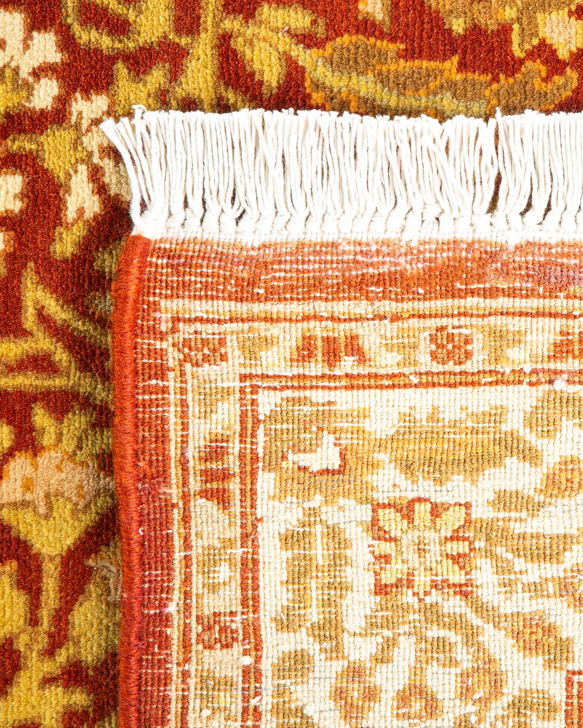 Contemporary Traditional Mogul Hand Knotted Wool Orange Runner For Sale