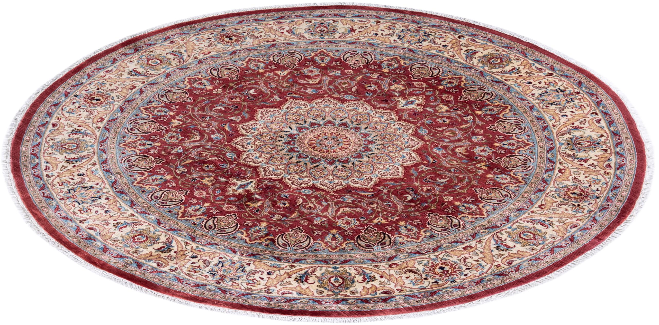 Traditional Mogul Hand Knotted Wool Pink Round Area Rug  For Sale 3