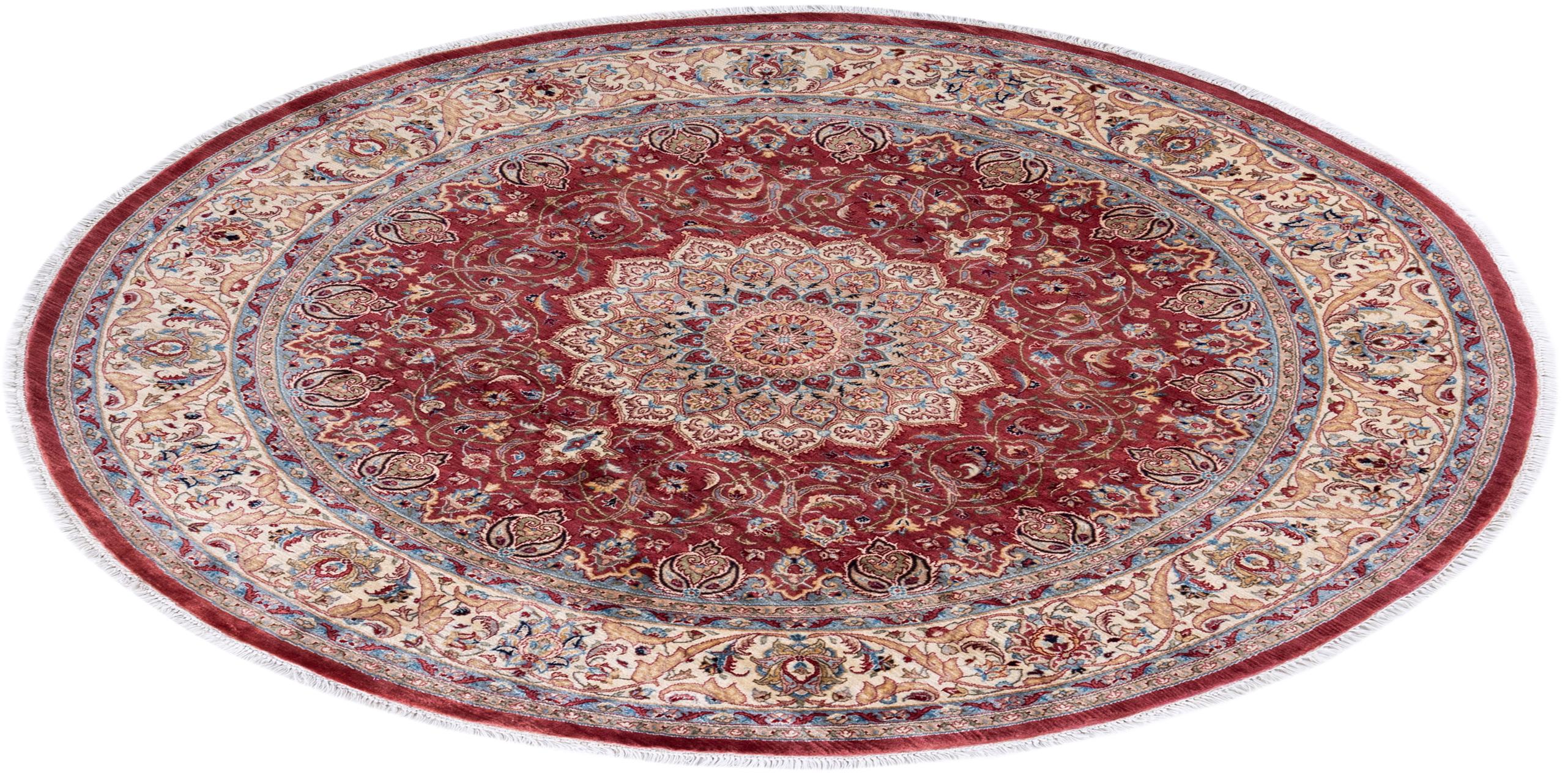 Traditional Mogul Hand Knotted Wool Pink Round Area Rug For Sale 3