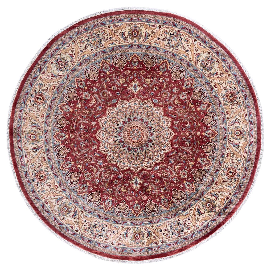 Traditional Mogul Hand Knotted Wool Pink Round Area Rug  For Sale