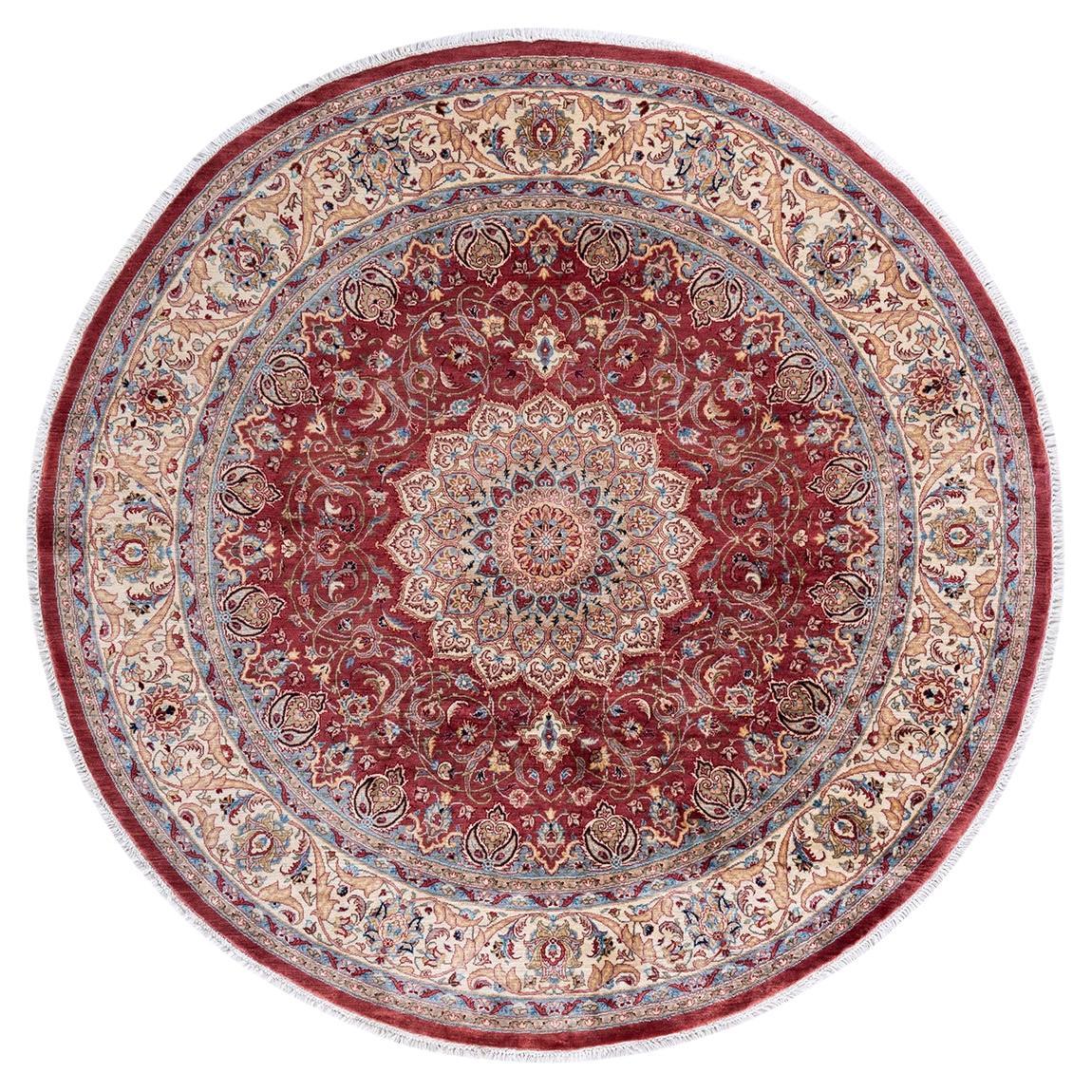 Traditional Mogul Hand Knotted Wool Pink Round Area Rug For Sale