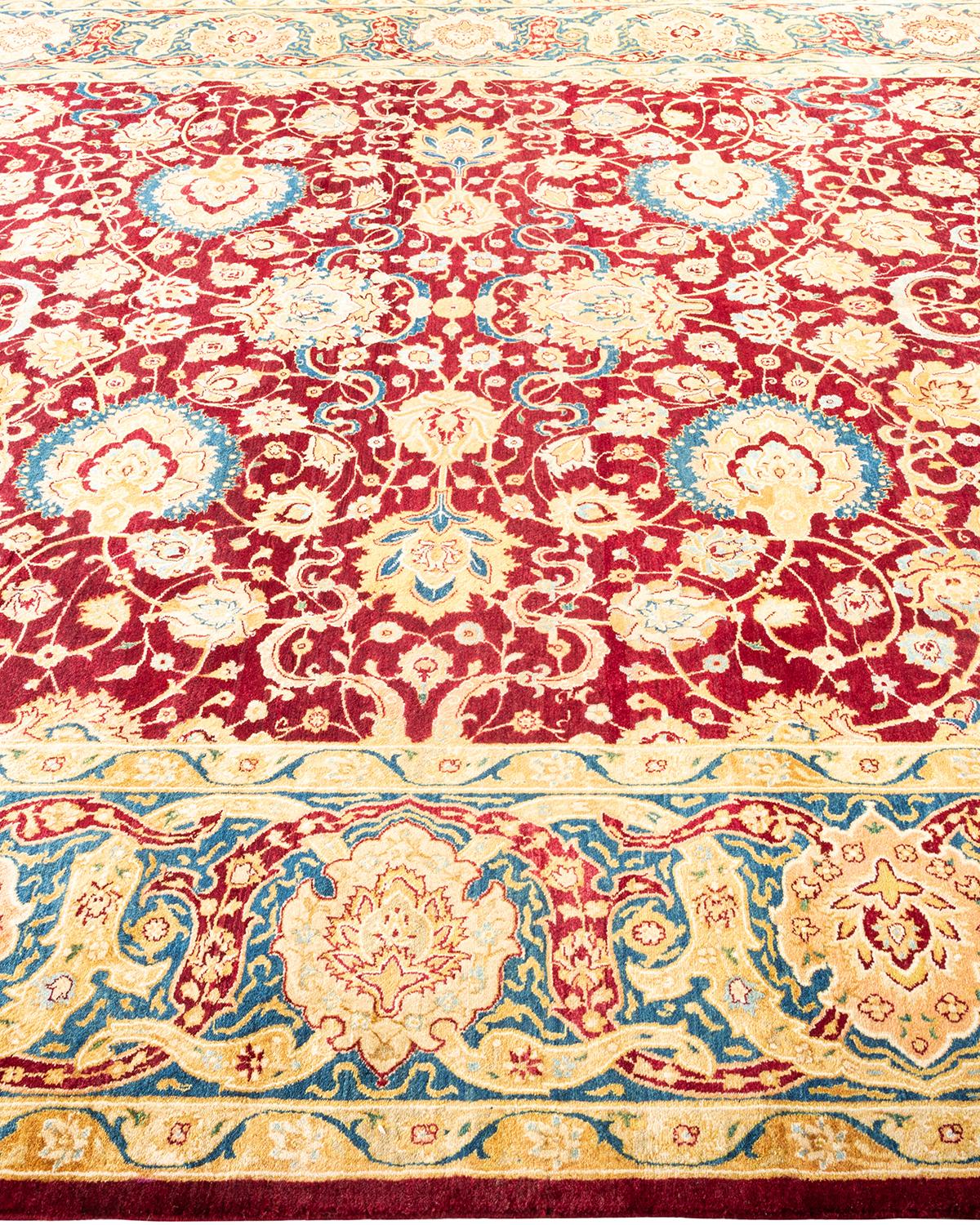 Pakistani Traditional Mogul Hand Knotted Wool Red Area Rug For Sale