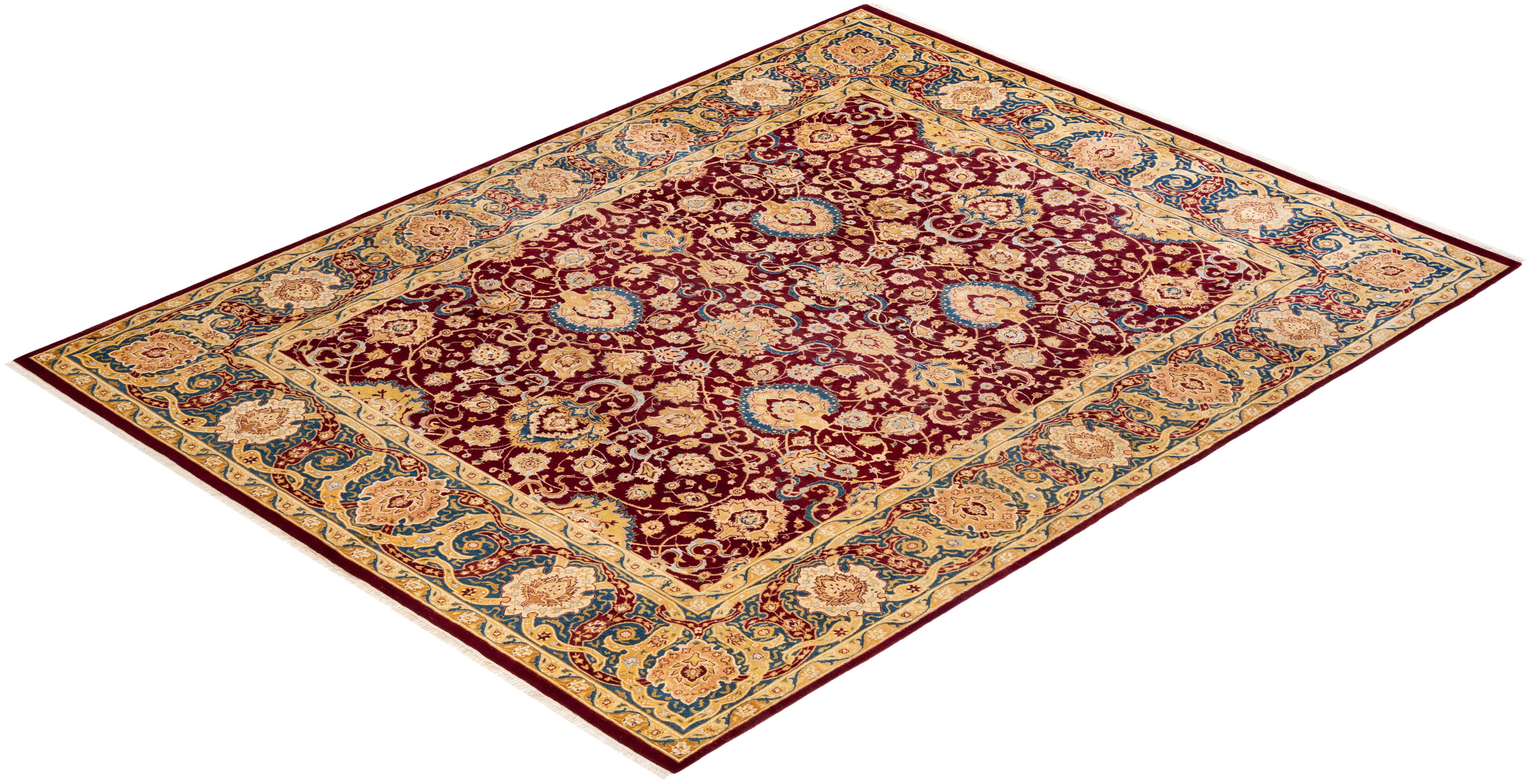 Traditional Mogul Hand Knotted Wool Red Area Rug For Sale 2