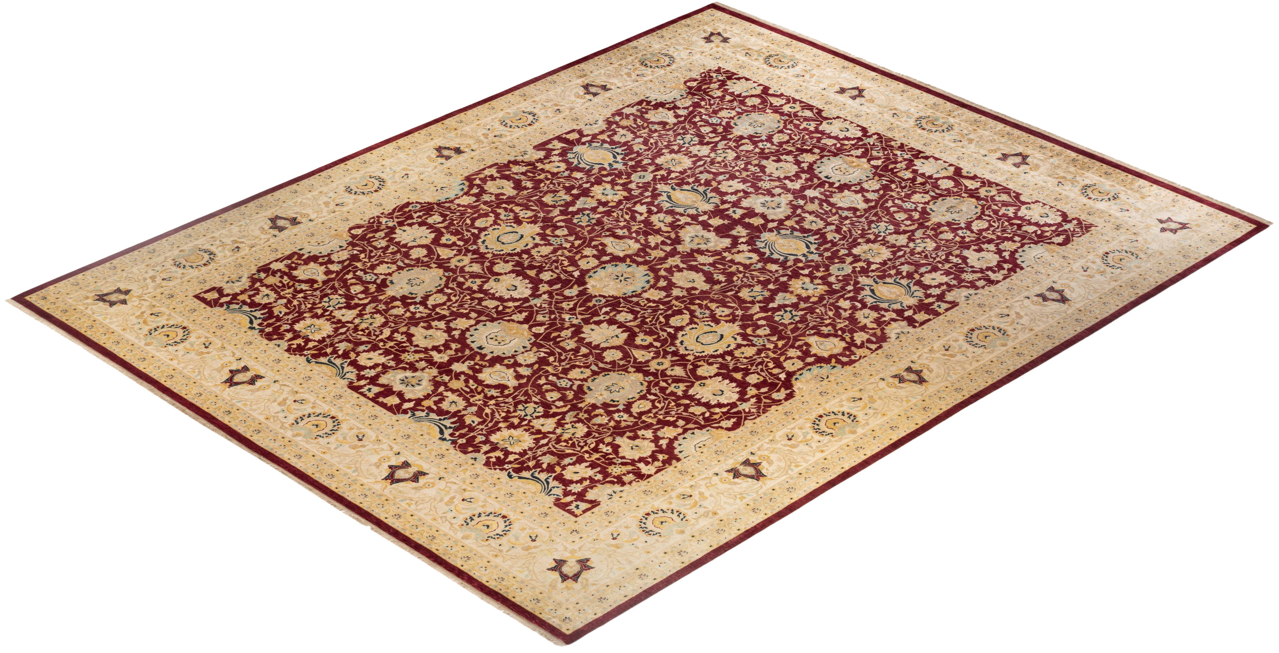 Traditional Mogul Hand Knotted Wool Red Area Rug  For Sale 3