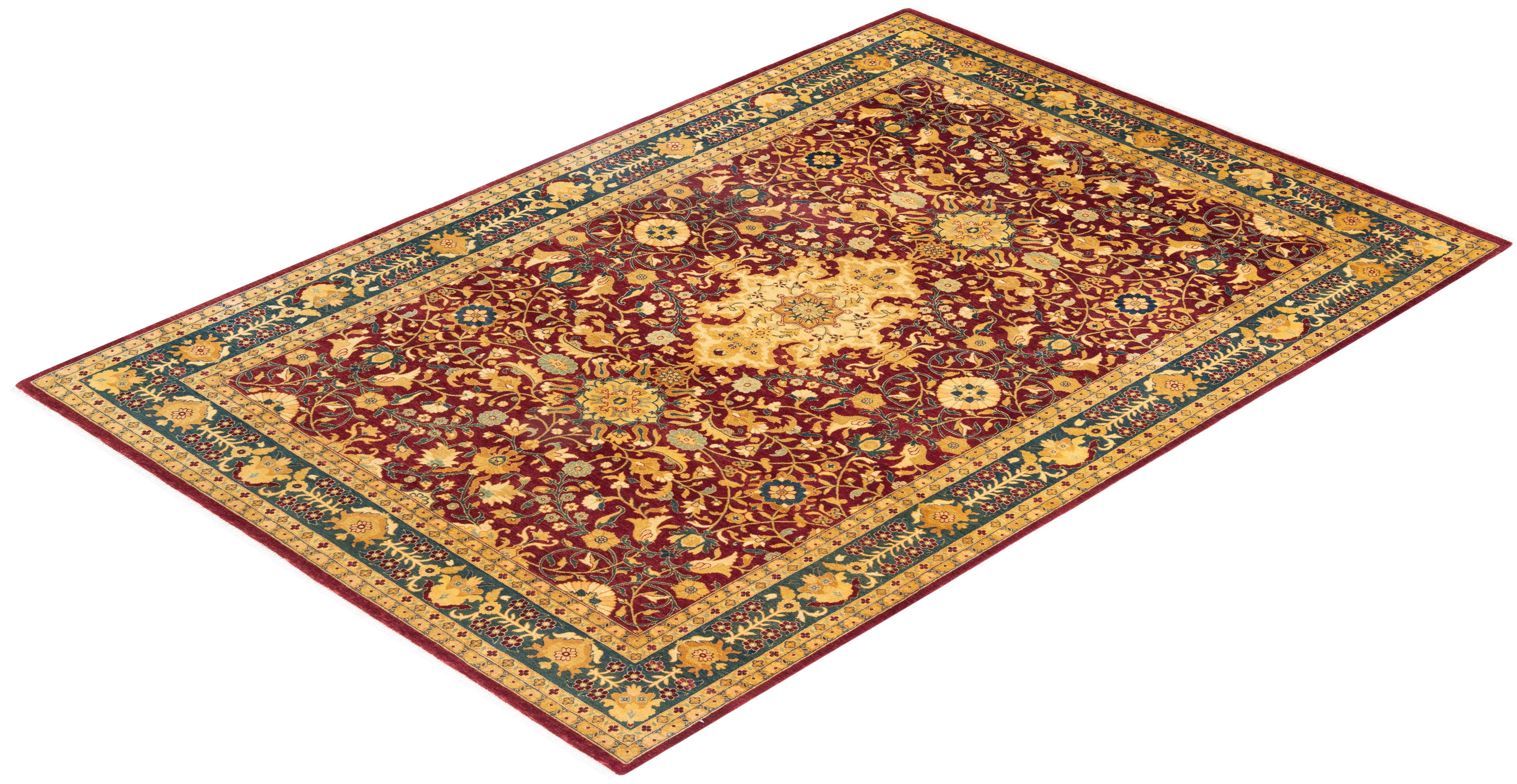 Traditional Mogul Hand Knotted Wool Red Area Rug For Sale 3