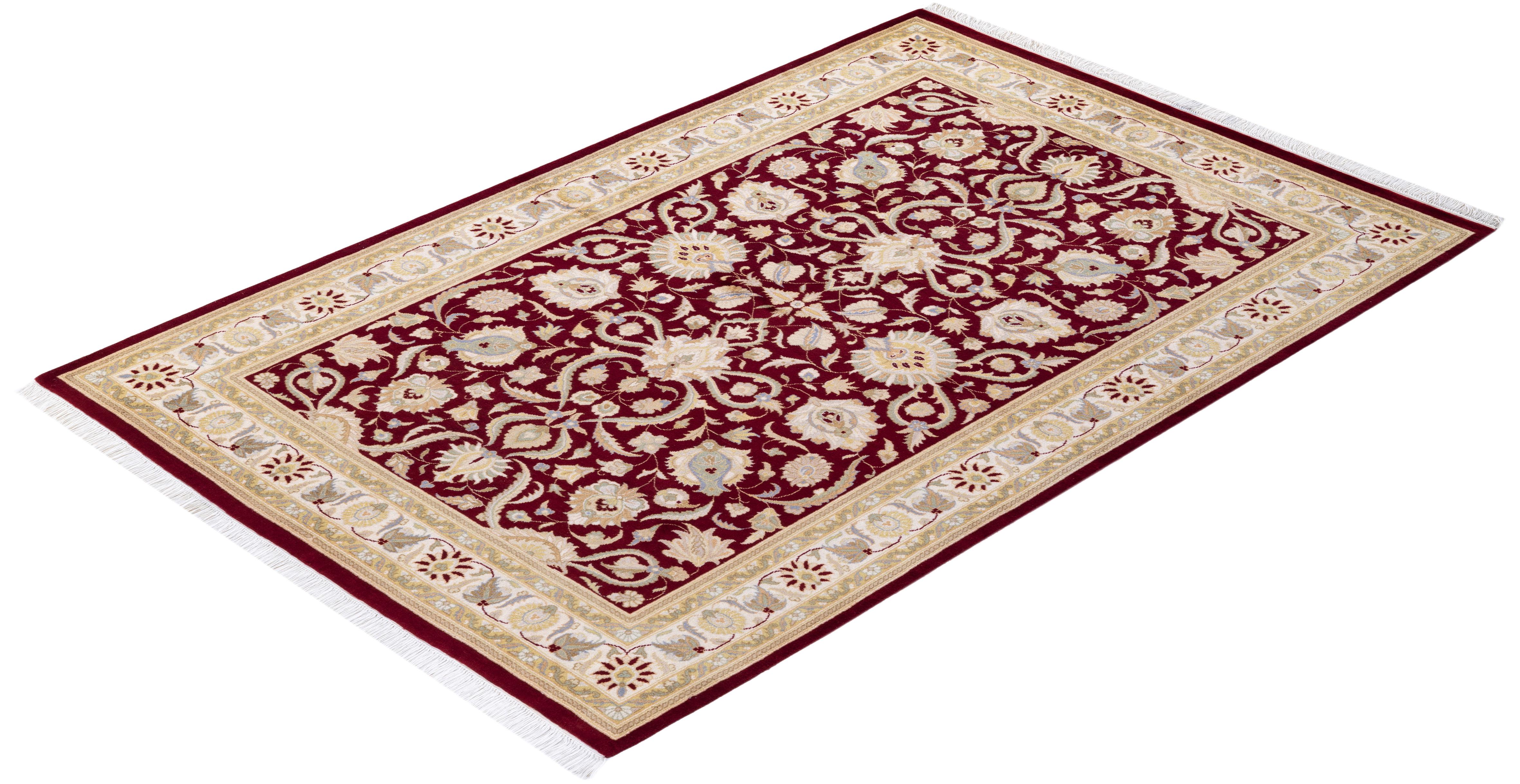 Traditional Mogul Hand Knotted Wool Red Area Rug  For Sale 3