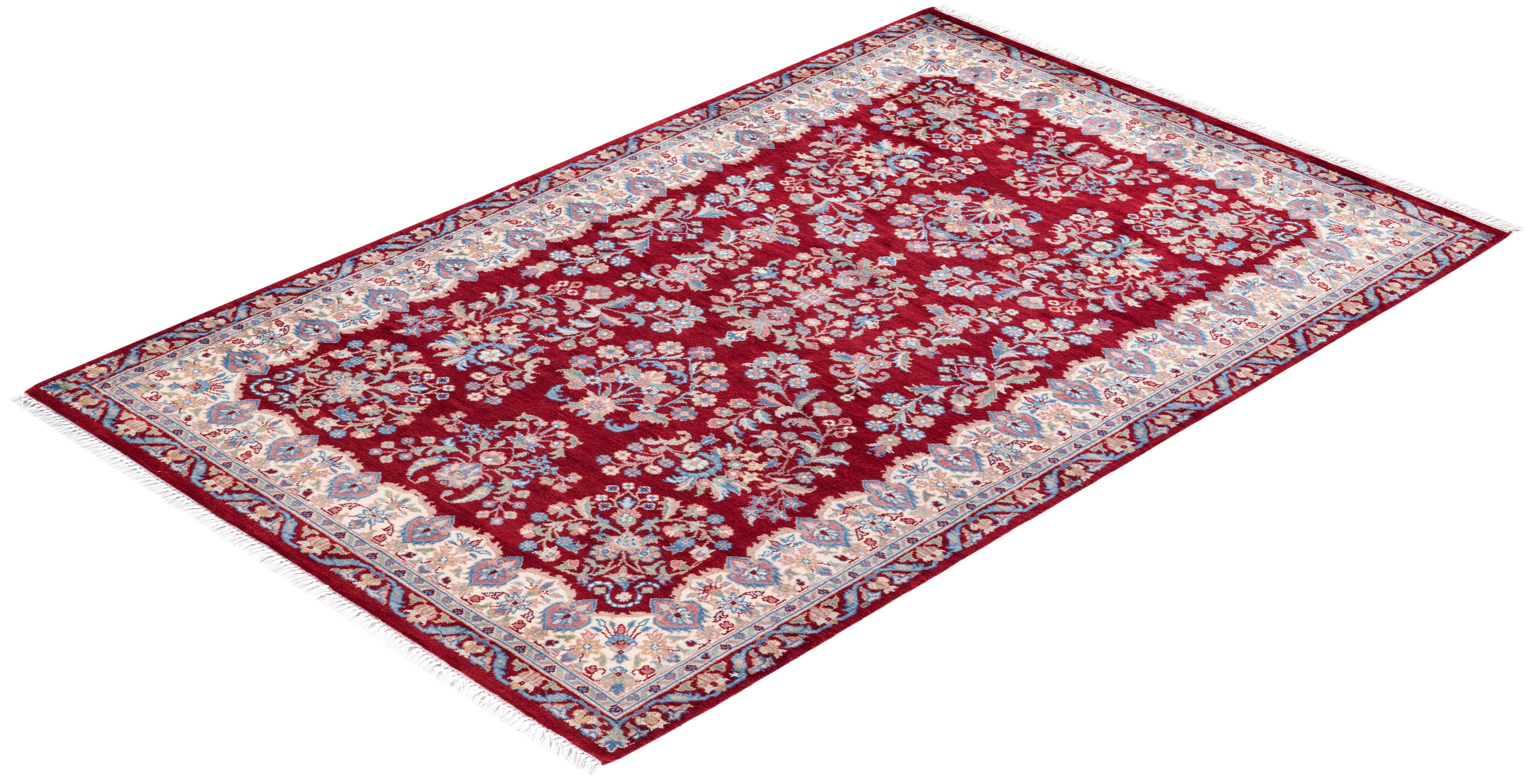 Traditional Mogul Hand Knotted Wool Red Area Rug For Sale 3
