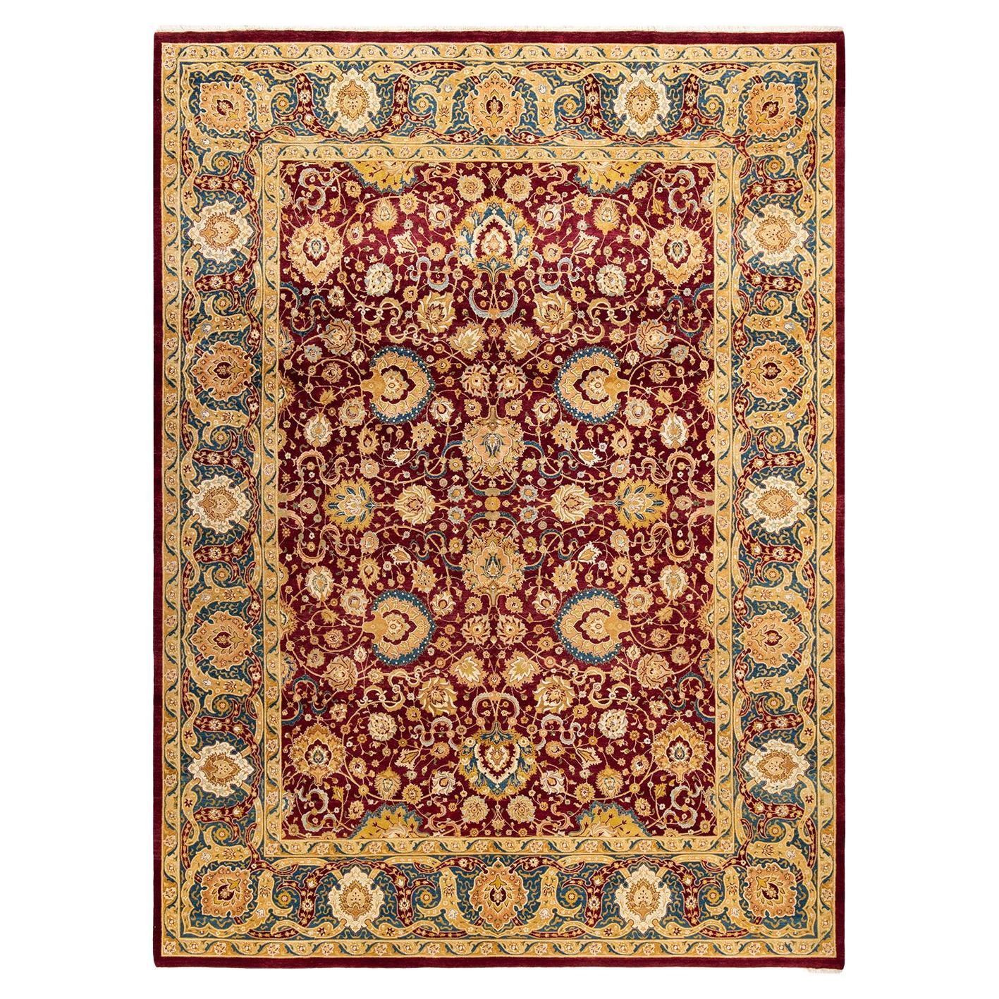 Traditional Mogul Hand Knotted Wool Red Area Rug For Sale
